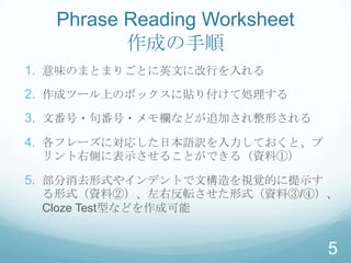 Phrase Reading Worksheet
         作成の手順
1. 意味のまとまりごとに英文に改行を入れる
2. 作成ツール上のボックスに貼り付けて処理する
3. 文番号・句番号・メモ欄などが追加され整形される
4. 各フレーズに対応した日本語訳を入力しておくと、プ
 リント右側に表示させることができる（資料①）

5. 部分消去形式やインデントで文構造を視覚的に提示す
 る形式（資料②）、左右反転させた形式（資料③/④）、
 Cloze Test型などを作成可能


                              5
 