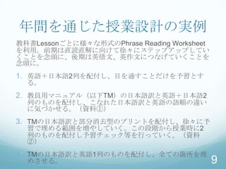 年間を通じた授業設計の実例
教科書Lessonごとに様々な形式のPhrase Reading Worksheet
を利用。前期は直読直解に向けて徐々にステップアップしてい
くことを念頭に、後期は英借文、英作文につなげていくことを
念頭に。
1. 英語＋日本語2列を配付し、目を通すことだけを予習とす
  る。
2. 教員用マニュアル（以下TM）の日本語訳と英語＋日本語2
  列のものを配付し、こなれた日本語訳と英語の語順の違い
  に気づかせる。（資料①）
3. TMの日本語訳と部分消去型のプリントを配付し、徐々に予
  習で埋める範囲を増やしていく。この段階から授業時に2
  列のものを配付し予習チェック等を行っていく。（資料
  ②）
4. TMの日本語訳と英語1列のものを配付し、全ての箇所を埋
  めさせる。                                      9
 
