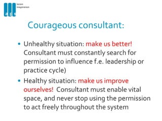 Courageous consultant: Unhealthy situation:  make us better!  Consultant must constantly search for permission to influence f.e. leadership or practice cycle) Healthy situation:  make us improve ourselves!   Consultant must enable vital space, and never stop using the permission to act freely throughout the system 