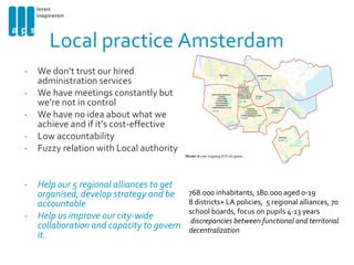 Local practice Amsterdam We don’t trust our hired administration services We have meetings constantly but we’re not in control We have no idea about what we achieve and if it’s cost-effective Low accountability Fuzzy relation with Local authority Help our 5 regional alliances to get organised, develop strategy and be accountable Help us improve our city-wide collaboration and capacity to govern it. 768.000 inhabitants, 180.000 aged 0-19  8 districts+ LA policies,  5 regional alliances, 70 school boards, focus on pupils 4-13 years discrepancies between functional and territorial decentralization 