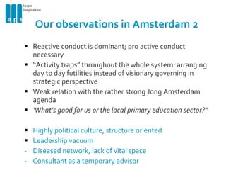 Our observations in Amsterdam 2 Reactive conduct is dominant; pro active conduct necessary “ Activity traps” throughout the whole system: arranging day to day futilities instead of visionary governing in strategic perspective Weak relation with the rather strong Jong Amsterdam agenda ‘ What’s good for us or the local primary education sector?” Highly political culture, structure oriented Leadership vacuum Diseased network, lack of vital space Consultant as a temporary advisor 