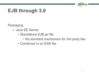 EJB through 3.0

Packaging
   • Java EE Server
      • Standalone EJB jar file
         • No standard mechanism for 3rd pa...