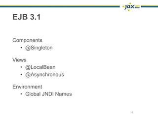 EJB 3.1

Components
  • @Singleton

Views
   • @LocalBean
   • @Asynchronous

Environment
   • Global JNDI Names


       ...
