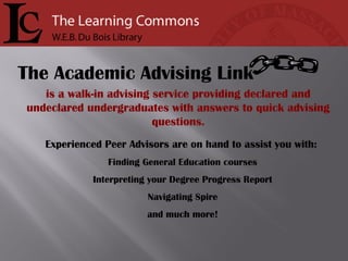 is a walk-in advising service providing declared and
undeclared undergraduates with answers to quick advising
questions.
Experienced Peer Advisors are on hand to assist you with:
Finding General Education courses
Interpreting your Degree Progress Report
Navigating Spire
and much more!
The Academic Advising Link
 