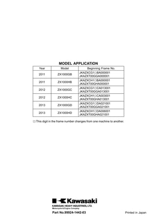 MODEL APPLICATION
Year Model Beginning Frame No.
2011 ZX1000GB
JKAZXCG1□BA000001
JKAZXT00GGA000001
2011 ZX1000HB
JKAZXCH1□BA000001
JKAZXT00GHA000001
2012 ZX1000GC
JKAZXCG1□CA013001
JKAZXT00GGA013001
2012 ZX1000HC
JKAZXCH1□CA003001
JKAZXT00GHA013001
2013 ZX1000GD
JKAZXCG1□DA021001
JKAZXT00GGA021001
2013 ZX1000HD
JKAZXCH1□DA006001
JKAZXT00GHA021001
□:This digit in the frame number changes from one machine to another.
Part No.99924-1442-03 Printed in Japan
 