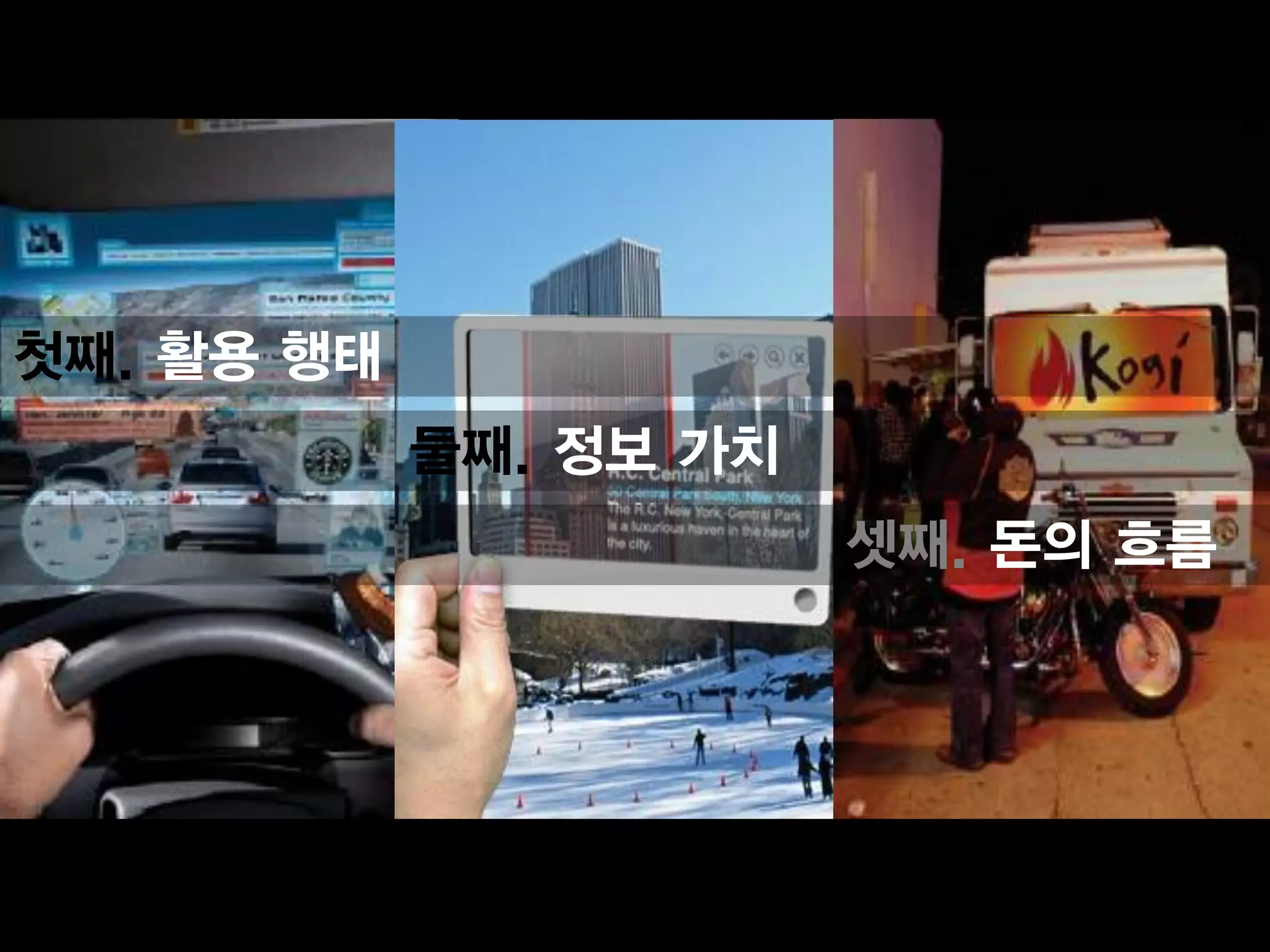 첫째. 활용 행태
            둘째. 정보 가치
                        셋째. 돈의 흐름
 