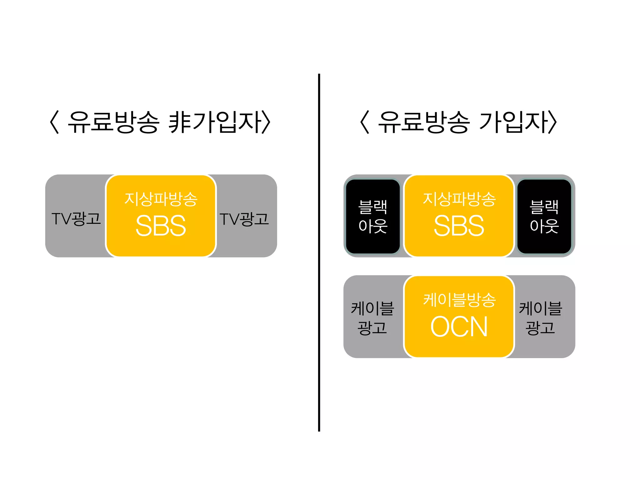 < 유료방송 非가입자>          < 유료방송 가입자>

       지상파방송                 지상파방송
                       블랙             블랙
TV광고                  TV광고
       SBS     TV광고    아웃    SBS     TV광고
                                      아웃



                             케이블방송
                      케이블            케이블
                      광고     OCN     광고
 
