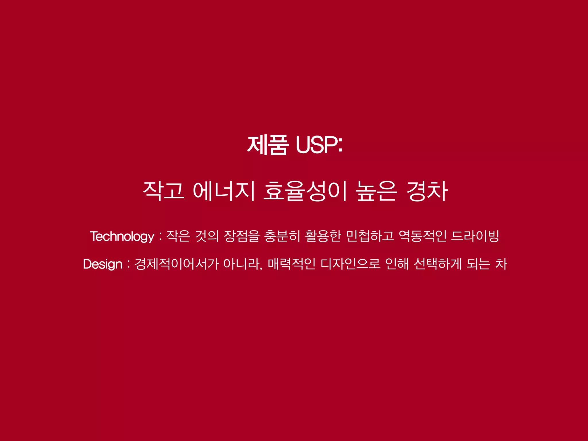 제품 USP:

      작고 에너지 효율성이 높은 경차
Technology : 작은 것의 장점을 충분히 활용한 민첩하고 역동적인 드라이빙

Design : 경제적이어서가 아니라, 매력적인 디자인으로 인해 선택하게 되는 차
 