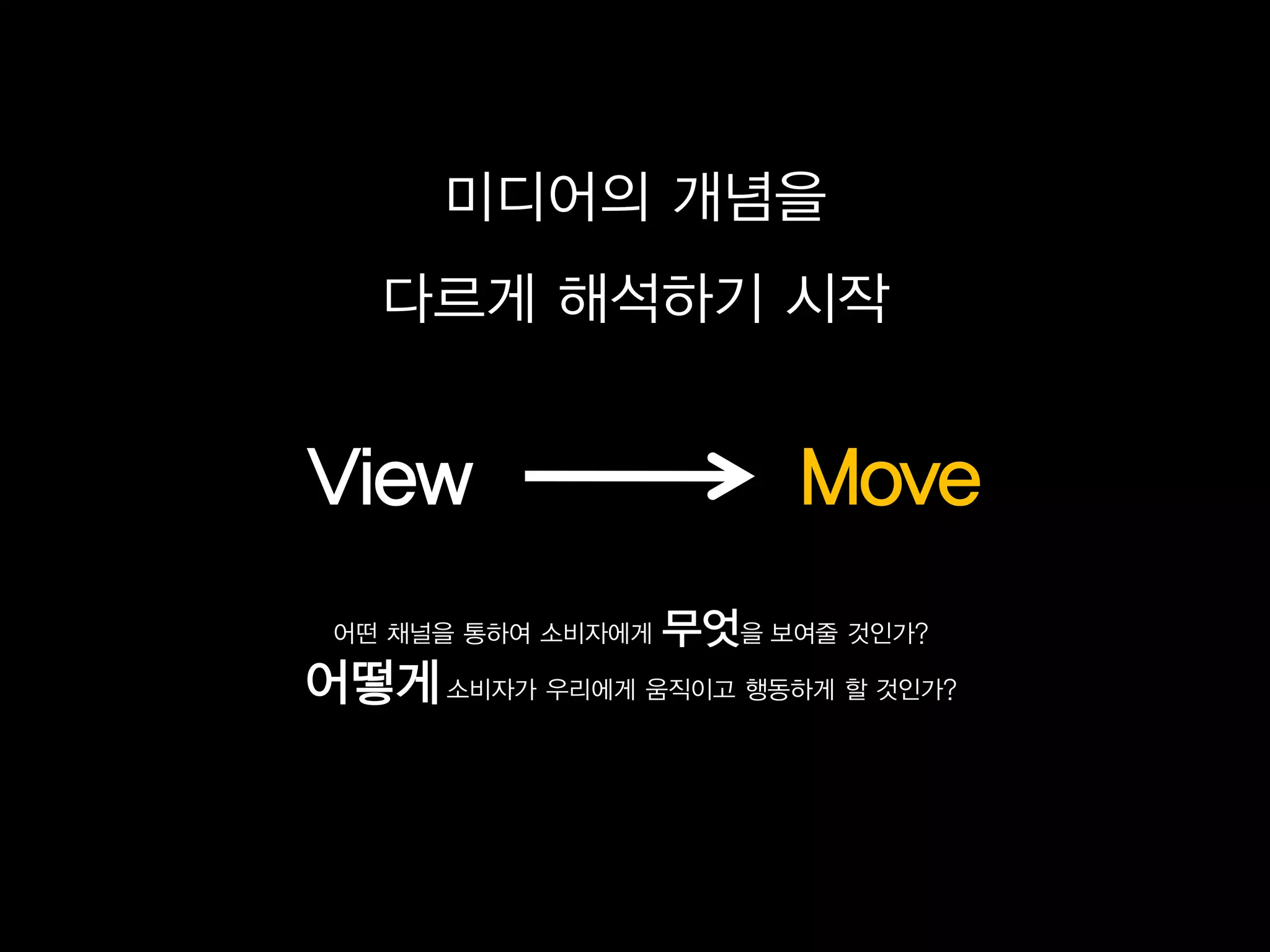 미디어의 개념을
   다르게 해석하기 시작


View                      Move
 어떤 채널을 통하여 소비자에게   무엇을 보여줄 것인가?
어떻게 소비자가 우리에게 움직이고 행동하게 할 것인가?
 