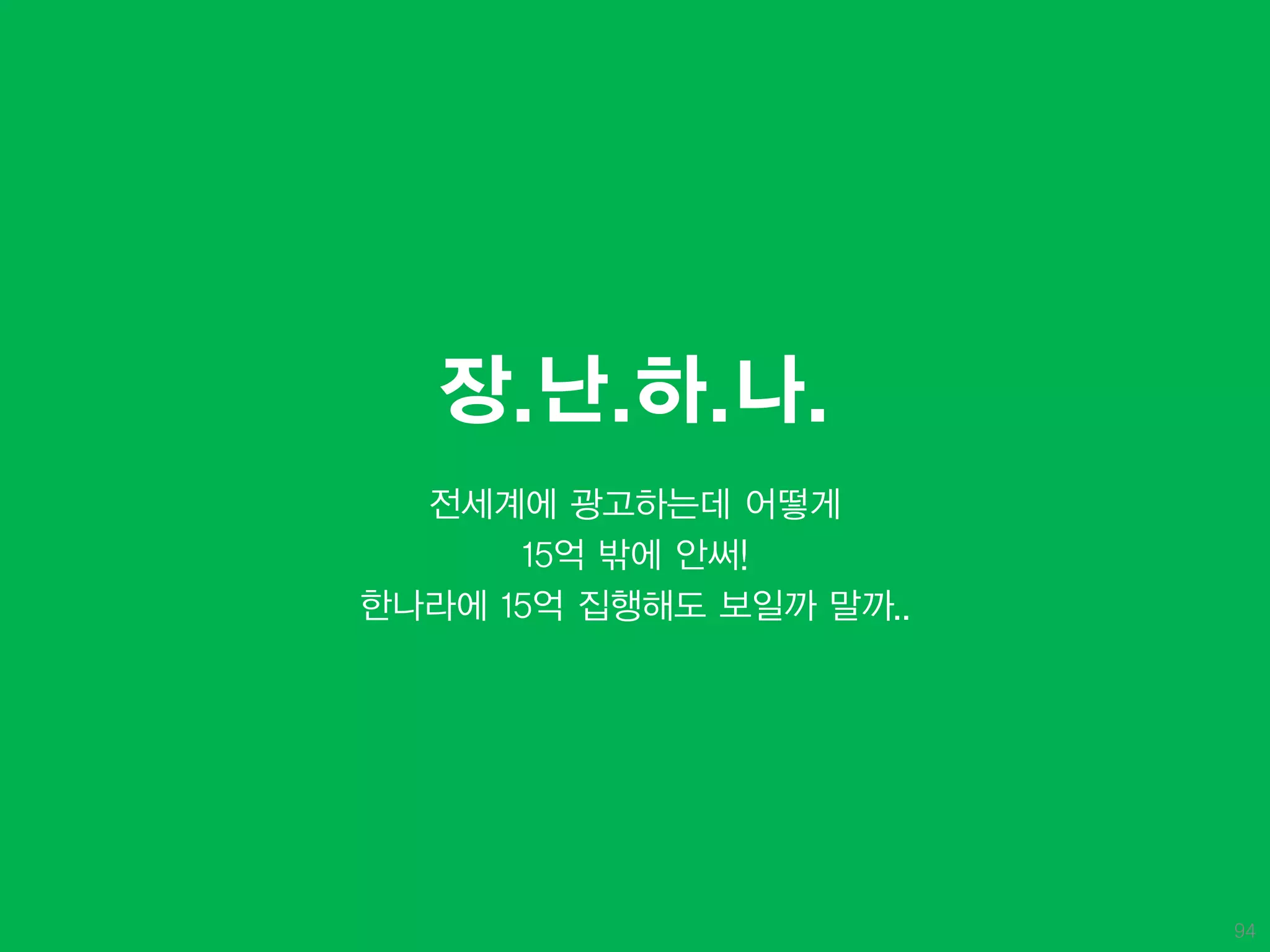 장.난.하.나.
  전세계에 광고하는데 어떻게
      15억 밖에 안써!
한나라에 15억 집행해도 보일까 말까..




                         94
 