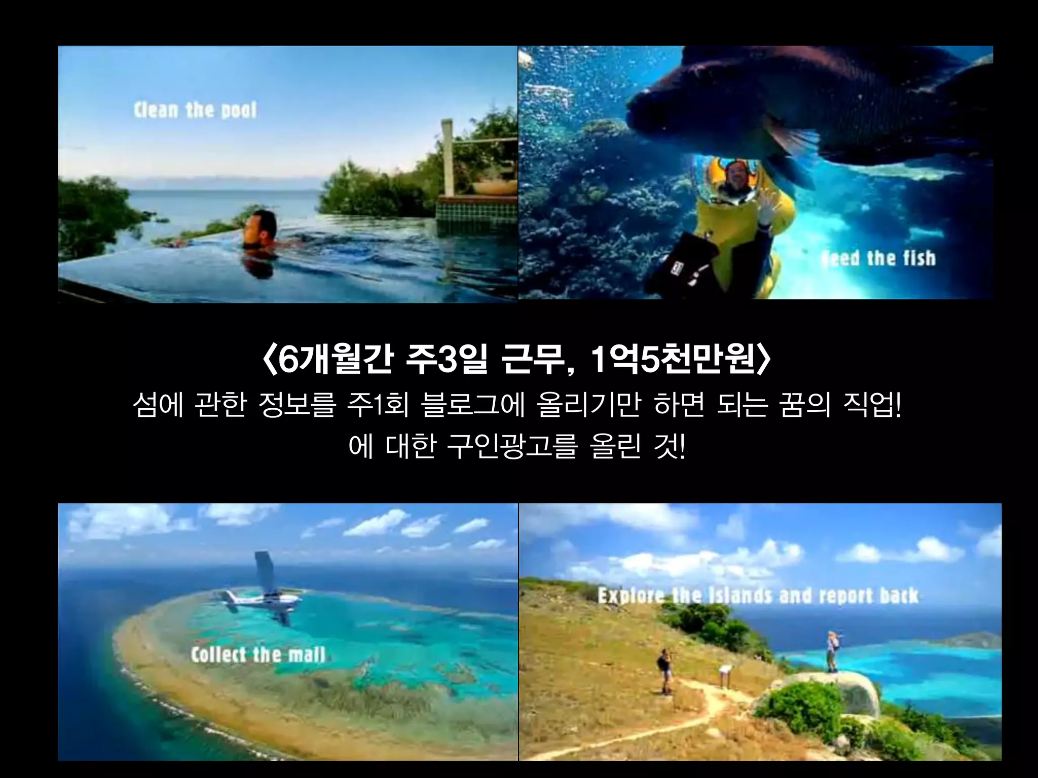 <6개월간 주3일 근무, 1억5천만원>
섬에 관한 정보를 주1회 블로그에 올리기만 하면 되는 꿈의 직업!
          에 대한 구인광고를 올린 것!
 