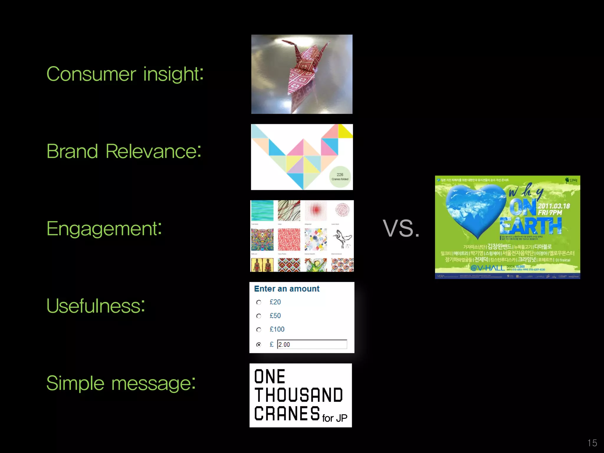 Consumer insight:
       지난 시간에 여러분과 공유했던 이야기

Brand Relevance:


Engagement:                  VS.


Usefulness:


Simple message:
                    for JP

                                   15
 