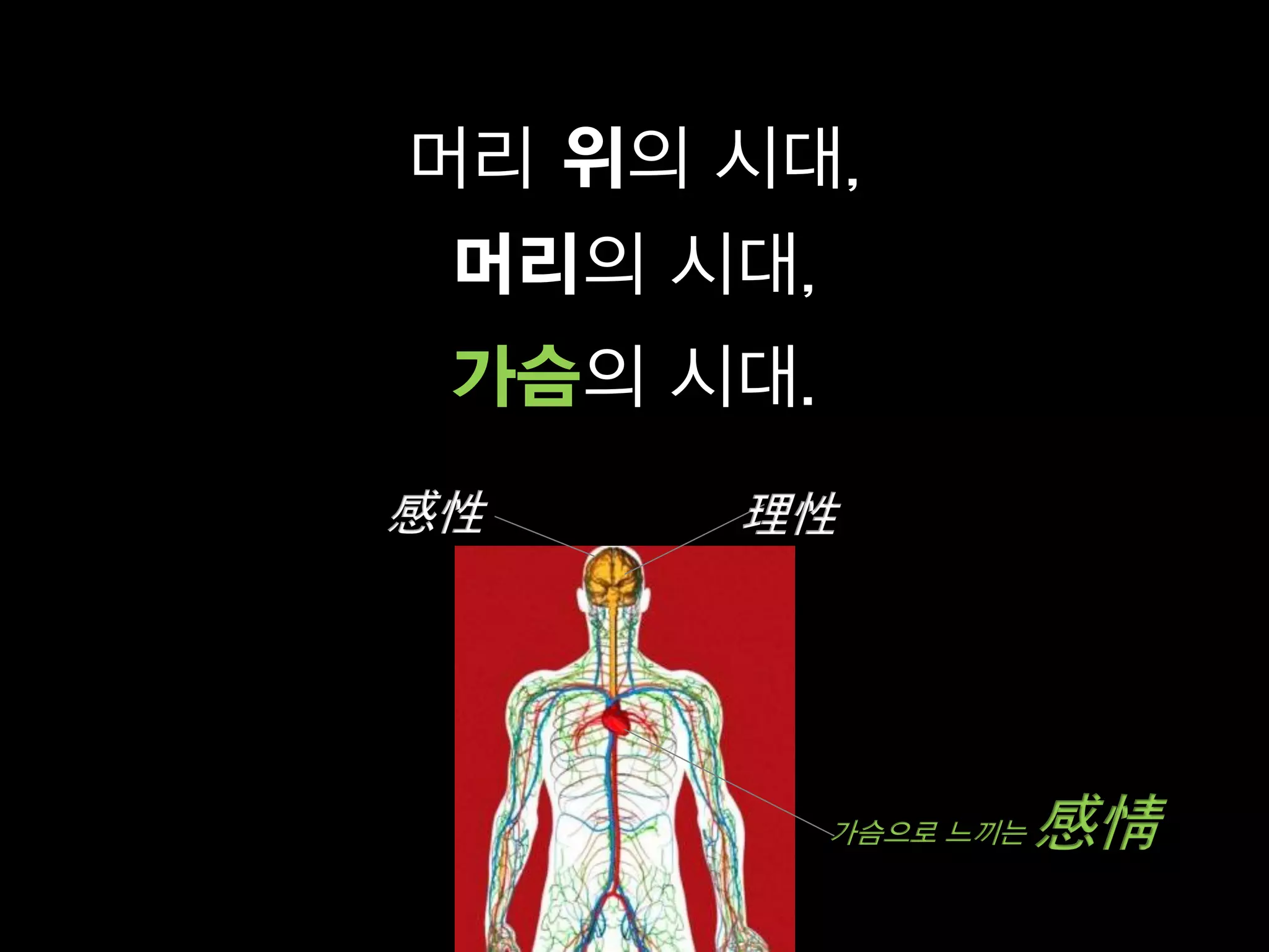머리 위의 시대,
 머리의 시대,
가슴의 시대.
 