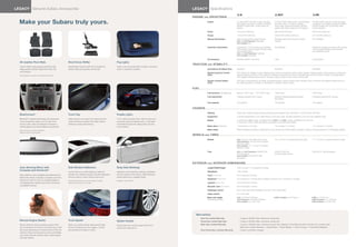 LEgACY Genuine Subaru Accessories
                ®
                                                                                                                                                                       LEgACY Specifications
                                                                                                                                                                                        ®




                                                                                                                                                                                                                        2 .5i                                         2.5 g T                                       3. 6 R
                                                                                                                                                                       ENGINE      and      DRIVETR AIN

  Make your Subaru truly yours.                                                                                                                                                         Engine                         2.5-liter SOHC aluminum-alloy 16-valve
                                                                                                                                                                                                                       horizontally opposed 4-cylinder Subaru
                                                                                                                                                                                                                       bOxer® engine with i-active Valve Lift
                                                                                                                                                                                                                                                                     2.5-liter DOHC intercooled, turbocharged
                                                                                                                                                                                                                                                                     aluminum-alloy 16-valve 4-cylinder
                                                                                                                                                                                                                                                                     horizontally opposed Subaru bOxer
                                                                                                                                                                                                                                                                                                                   3.6-liter DOHC aluminum-alloy 24-valve
                                                                                                                                                                                                                                                                                                                   6-cylinder horizontally opposed Subaru
                                                                                                                                                                                                                                                                                                                   bOxer engine with Dual active Valve
                                                                                                                                                                                                                       System.                                       engine with active Valve Control System.      Control System.
                                                                                                                                                                                        Power                          170 hp @ 5,600 rpm                            265 hp @ 5,600 rpm                            256 hp @ 6,000 rpm
                                                                                                                                                                                        Torque                         170 lb-ft @ 4,000 rpm                         258 lb-ft @ 2,000–5,200 rpm                   247 lb-ft @ 4,400 rpm
                                                                                                                                                                                        Manual transmission            Fully synchronized 6-speed manual.            Standard fully synchronized 6-speed           Not available
                                                                                                                                                                                                                       2.5i and 2.5i Premium: Standard.              manual
                                                                                                                                                                                                                       2.5i Limited: N/a.

                                                                                                                                                                                        Automatic transmission         Lineartronic™ CVT (Continuously Variable      Not available                                 Standard 5-speed automatic with manual
                                                                                                                                                                                                                       Transmission) with 6-speed manual mode                                                      mode, paddle shifters and downshift
                                                                                                                                                                                                                       and paddle shifters.                                                                        rev-matching control
                                                                                                                                                                                                                       2.5i and 2.5i Premium: Optional.
                                                                                                                                                                                                                       2.5i Limited: Standard.

                                                                                                                                                                                        CA Emissions                   SuLeV2 (PZeV)1 and LeV2                       LeV2                                          LeV2/uLeV2
  All-weather Floor Mats                                  Short-throw Shifter                                      Fog Lights
                                                                                                                                                                       T R AC T I O N   and      S TA B I L I T Y
  Custom-fitted, heavy-gauge protective mats.             Significantly reduces shift throw lengths for            Casts a low and wide beam of light to enhance
  Helps protect vehicle’s carpet from sand, dirt          crisper shifts and sportier driving feel.                vision in inclement weather.                                         Symmetrical All-Wheel Drive    Standard                                      Standard                                      Standard
  and moisture.
                                                                                                                                                                                        Vehicle Dynamics Control       VDC electronic stability control utilizes sensors which constantly monitor wheel speeds, steering angle, brake pressure, vehicle yaw
  Not intended for use over top of carpeted floor mats.                                                                                                                                 (VDC)                          rate and lateral g-forces. If VDC detects a difference between the driver’s intended path and the one the vehicle is actually taking,
                                                                                                                                                                                                                       VDC applies braking power and/or reduces engine torque to help correct vehicle path.
                                                                                                                                                                                        Traction Control System        VDC also incorporates an all-wheel, all-speed traction control system which senses a loss of traction and applies braking force to
                                                                                                                                                                                        (TCS)                          the slipping wheel or wheels as necessary to maintain vehicle motion.

                                                                                                                                                                       FU E L
                                                                                                                                                                                        Fuel economy (city/highway)2   Manual: 19/27 mpg       CVT: 23/31 mpg        18/25 mpg                                     18/25 mpg
                                                                                                                                                                                        Fuel requirement               unleaded gasoline (87 octane)                 Premium unleaded gasoline required            unleaded gasoline (87 octane)
                                                                                                                                                                                                                                                                     (93 octane)

                                                                                                                                                                                        Fuel capacity                  18.5 gallons                                  18.5 gallons                                  18.5 gallons

                                                                                                                                                                       CHASSIS
                                                                                                                                                                                        Steering                       Quick-ratio engine-speed-sensing variable power-assisted rack-and-pinion. Turning circle: 36.8 feet.
  BlueConnect ®                                           Trunk Tray                                               Puddle Lights
                                                                                                                                                                                        Suspension                     4-wheel independent. Front: MacPherson strut type. rear: Double-wishbone. Front and rear stabilizer bars.
  Bluetooth® wireless technology with advanced            Helps protect trunk area from stains and dirt            L.E.D. lights activate when vehicle doors are
                                                                                                                                                                                        Brakes                         4-wheel disc. 2.5i models: ventilated front. 2.5gT and 3.6R models: ventilated front and rear.
  voice recognition allows you to make and                while providing a surface that helps reduce              unlocked using the keyless entry. A soft glow                                                       4-channel, 4-sensor abS with electronic brake-force Distribution (ebD).
  receive calls, store phonebook information,             shifting of cargo while driving.                         illuminates the ground, aiding entry and exit
  and recognize up to seven different cell phones.                                                                 of the vehicle.                                                      Brake discs (front/rear)       11.6 inches/11.3 inches                       12.4 inches/11.4 inches                       12.4 inches/11.4 inches

  Some phones may not be compatible.                                                                                                                                                    Brake Assist                   When emergency braking is detected by how quickly the brake pedal is pressed, maximum brake pressure is immediately applied.
  Details at subaru.com/bluetooth.
                                                                                                                                                                       WHEELS       and     T I R ES
                                                                                                                                                                                        Wheels                         2.5i: 16 x 6.5-inch steel with covers.        18 x 7.0-inch 15-spoke aluminum-alloy.        17 x 7.0-inch 10-spoke aluminum-alloy.
                                                                                                                                                                                                                       2.5i Premium: 16 x 6.5-inch 8-spoke
                                                                                                                                                                                                                       aluminum-alloy.
                                                                                                                                                                                                                       2.5i Limited: 17 x 7.0-inch 10-spoke
                                                                                                                                                                                                                       aluminum-alloy.

                                                                                                                                                                                        Tires                          2.5i and 2.5i Premium: 205/60 r16             225/45 r18 91W                                225/50 r17 93V all-season
                                                                                                                                                                                                                       91V all-season                                summer performance
                                                                                                                                                                                                                       2.5i Limited: 215/50 r17 90V
                                                                                                                                                                                                                       all-season

                                                                                                                                                                       EX TERIOR        and     INTERIOR DIMENSIONS
  Auto-dimming Mirror with                                Side Window Deflectors                                   Body Side Moldings                                                   Length/Width/Height            186.4 inches/71.7 inches/59.3 inches
  Compass and HomeLink®                                                                                                                                                                 Wheelbase                      108.3 inches
                                                          Let the fresh air in while helping to keep the           Attractive color-matched moldings coordinate
  Mirror darkens when headlights are detected from        weather out. Deflector design includes integrated        with the styling of the vehicle, while helping to                    Track (front/rear)             61.6 inches/61.8 inches
  behind the vehicle. Includes a compass and three        chrome insert to match window frame trim.                protect doors from unsightly dings.
                                                                                                                                                                                        Headroom (front/rear)          40.3 inches/37.5 inches (with available moonroof: 38.1 inches/37.5 inches)
  HomeLink buttons that are programmable for              Side Window Deflectors may not be legal in all states.   Available in late Fall 2010.
  most garage-door openers and other HomeLink-            Please check the laws of your state.                                                                                          Legroom (front/rear)           43.0 inches/37.8 inches
  compatible devices.
                                                                                                                                                                                        Shoulder room (front/rear)     56.3 inches/56.1 inches
                                                                                                                                                                                        Passenger volume               103.0 cubic feet (with available moonroof: 100.0 cubic feet)
                                                                                                                                                                                        Cargo volume                   14.7 cubic feet
                                                                                                                                                                                        Base curb weight               2.5i: 3,270 lbs/3,379 lbs                    2.5gT Limited: 3,477 lbs / n/a                3.6R: n/a / 3,481 lbs
                                                                                                                                                                                        (manual/automatic)             2.5i Premium: 3,275 lbs/3,384 lbs                                                          3.6R Premium: n/a / 3,518 lbs
                                                                                                                                                                                                                       2.5i Limited: n/a / 3,451 lbs                                                              3.6R Limited: n/a / 3,557 lbs




                                                                                                                                                                          Warranties
                                                                                                                                                                                New Car Limited Warranty                   3 years or 36,000 miles, whichever comes first.
  Remote Engine Starter                                   Trunk Spoiler                                            Splash Guards                                                Powertrain Limited Warranty                5 years or 60,000 miles, whichever comes first.
  Allows vehicle to start by pushing a button from        Sleek, low-profile design adds just the right                                                                         Wear Item Limited Warranty                 3 years or 36,000 miles, whichever comes first. Repairs to the following items will also be covered under
                                                                                                                   Help protect the vehicle’s paint finish from
  the convenience of home or the office (up to 400        amount of attitude to your Legacy. Comes                 stones and road grime.                                                                                  Wear Item Limited Warranty: • Brake Pads • Wiper Blades • Clutch Linings • Transmitter Batteries
  feet away depending on obstructions) so that the        pre-painted and ready to install.                                                                                     Rust Perforation Limited Warranty          5 years, unlimited mileage.
  vehicle’s interior temperature is more comfortable
  upon entry. Remote confirms when vehicle engine
  has been started.
 