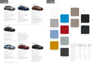 LEgACY Trim Levels®
                                                                                                                                                                           LEgACY Colors
                                                                                                                                                                                       ®




    2.5i                                                                 2 .5i Premium                                       2 .5i Limited




                                                                                                                                                                                                      Paint                                                              Upholstery
s   170-hp 2.5-liter 4-cylinder SUBARU                              s    170-hp 2.5-liter 4-cylinder SUBARU             s   170-hp 2.5-liter 4-cylinder SUBARU
    BOXER® engine                                                        BOXER engine                                       BOXER engine
s   Subaru Symmetrical All-Wheel Drive                              s    Subaru Symmetrical All-Wheel Drive             s   Subaru Symmetrical All-Wheel Drive
s   31 mpg1                                                         s    31 mpg1                                        s   31 mpg1
s   6-speed manual transmission or optional                         s    6-speed manual transmission or optional        s   Lineartronic™ CVT (Continuously Variable
    Lineartronic™ CVT (Continuously Variable                             Lineartronic™ CVT (Continuously Variable           Transmission)
    Transmission)                                                        Transmission)                                  s   17-inch aluminum-alloy wheels
s   16-inch steel wheels with covers                                s    16-inch aluminum-alloy wheels                  s   Leather-trimmed upholstery                         Satin White Pearl                                       Warm Ivory Cloth (WIC)
s   Cloth upholstery                                                s    Cloth upholstery                               s   Woodgrain-patterned accent interior trim
s   Silver metallic interior trim                                   s    Silver metallic interior trim                  s   Leather-wrapped 3-spoke steering wheel
s   6-way manually adjustable driver’s seat. 4-way                  s    Leather-wrapped 3-spoke steering wheel         s   10-way power adjustable driver’s seat. 4-way
    manually adjustable front-passenger’s seat.                     s    10-way power adjustable driver’s seat. 4-way       power adjustable front-passenger’s seat.
s   4-speaker audio system with CS audio                                 manually adjustable front-passenger’s seat.    s   Dual-zone automatic climate control system
    enhancement                                                     s    4-speaker audio system with CS audio           s   harman/kardon® Audio Package
                                                                         enhancement
                                                                                                                        s   Bluetooth® wireless phone capability
                                                                                                                        s   All-Weather Package
                                                                                                                                                                                                          Azurite Blue Pearl                                                 Off-Black Cloth (OBC)


    2 . 5gT L i m i t e d


                                                                                                                                                                              Steel Silver Metallic                                   Warm Ivory Leather (WIL)




s   265-hp turbocharged 2.5-liter 4-cylinder                        s    Aluminum-alloy pedal covers
    SUBARU BOXER engine                                             s    Carpeted floor mats with “Legacy GT”
s   Subaru Symmetrical All-Wheel Drive                                   embossed logos
                                                                                                                                                                                                          Ruby Red Pearl                                                    Off-Black Leather (OBL)
s   25 mpg2                                                         s    Leather-wrapped 3-spoke steering wheel with
                                                                         audio system, cruise control and Bluetooth®
s   6-speed manual transmission
                                                                         wireless phone on/off buttons
s   18-inch aluminum-alloy wheels                                   s    10-way power adjustable driver’s seat. 4-way
s   Fog lights                                                           power adjustable front-passenger’s seat.
s	 Power   tilt/sliding-glass moonroof                              s    Dual-zone automatic climate control system
s   Leather-trimmed upholstery with                                 s    harman/kardon® Audio Package
    contrasting stitching
                                                                                                                                                                               Sky Blue Metallic
                                                                    s    Bluetooth wireless phone capability
s   Carbon fiber-patterned trim on doors and console                s    All-Weather Package




    3.6R                                                                 3 .6R Premium                                       3 .6R Limited
                                                                                                                                                                                                                                                             2.5i – 2.5i PREMIUM    2.5GT       2.5i LIMITED
                                                                                                                                                                                                                                 Color Combinations         3.6R – 3.6R PREMIUM    LIMITED      3.6R LIMITED
                                                                                                                                                                                                        Graphite Gray Metallic

                                                                                                                                                                                                                                 Satin White Pearl                 WIC             OBL                WIL

                                                                                                                                                                                                                                 Steel Silver Metallic            OBC              OBL                OBL

s   256-hp 3.6-liter 6-cylinder SUBARU                              s    256-hp 3.6-liter 6-cylinder SUBARU             s   256-hp 3.6-liter 6-cylinder SUBARU               Caramel Bronze Pearl                                Sky Blue Metallic                OBC                –                OBL
    BOXER engine                                                         BOXER engine                                       BOXER engine
s   Subaru Symmetrical All-Wheel Drive                              s    Subaru Symmetrical All-Wheel Drive             s   Subaru Symmetrical All-Wheel Drive
                                                                                                                                                                                                                                 Caramel Bronze Pearl              WIC               –                WIL
s   25 mpg   2                                                      s    25 mpg   2                                     s   25 mpg2
s   5-speed automatic transmission                                  s    5-speed automatic transmission                 s   5-speed automatic transmission
                                                                                                                                                                                                                                 Azurite Blue Pearl                WIC             OBL                WIL
s   17-inch aluminum-alloy wheels                                   s    17-inch aluminum-alloy wheels                  s   17-inch aluminum-alloy wheels
s   Cloth upholstery                                                s    Cloth upholstery                               s   Leather-trimmed upholstery
s   Silver metallic interior trim                                   s    Silver metallic interior trim                  s   Woodgrain-patterned accent interior trim                                                             Ruby Red Pearl                   OBC              OBL                OBL
s   6-way manually adjustable driver’s seat. 4-way                  s    10-way power adjustable driver’s seat. 4-way   s   Leather-wrapped 3-spoke steering wheel
    manually adjustable front-passenger’s seat.                          manually adjustable front-passenger’s seat.
                                                                                                                                                                                                         Crystal Black Silica
                                                                                                                        s   10-way power adjustable driver’s seat. 4-way                                                         Graphite Gray Metallic           OBC              OBL                OBL
s   4-speaker audio system with CS audio                            s    Leather-wrapped 3-spoke steering wheel             power adjustable front-passenger’s seat.
    enhancement                                                     s    All-Weather Package                            s   Dual-zone automatic climate control system                                                           Crystal Black Silica              WIC             OBL                WIL
                                                                                                                        s   harman/kardon® Audio Package
                                                                                                                        s   Bluetooth wireless phone capability                                                                  - Not available
                                                                                                                        s   All-Weather Package
1 With LineartronicCVT. EPA highway estimate. Actual mileage may vary.
                   ™

2 EPA highway estimate. Actual mileage may vary.
 