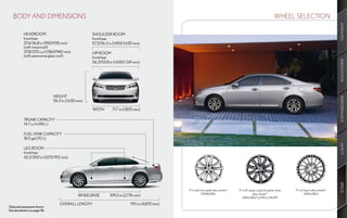 BODY AND DIMENSIONS                                                                                                                                                  WHEEL SELECTION




                                                                                                                                                                                                                AMENITIES
           HEADROOM                                SHOULDER ROOM
           front/rear                              front/rear
           37.4/36.8 in (950/935 mm)               57.3/56.3 in (1,455/1,430 mm)
           (with moonroof)
           37.8/37.0 cu ft (960/940 mm)            HIP ROOM
           (with panorama glass roof)              front/rear




                                                                                                                                                                                                                INNOVATION
                                                   56.3/53.8 in (1,430/1,341 mm)




                              HEIGHT




                                                                                                                                                                                                                PERFORMANCE
                              56.3 in (1,430 mm)

                                                   WIDTH       71.7 in (1,820 mm)

           TRUNK CAPACITY
           14.7 cu ft (416 L)

           FUEL-TANK CAPACITY
           18.5 gal (70 L)




                                                                                                                                                                                                                SAFETY
           LEG ROOM
           front/rear
           42.2/35.9 in (1,072/912 mm)




                                                                                                                                                                                                                SPECS
                                                                                                17-in split-five-spoke alloy wheels 17   17-in 10-spoke Liquid Graphite–finish   17-in E-Sport alloy wheels17
                                                                                                             STANDARD                                alloy wheels 17                     AVAILABLE
                                             WHEELBASE       109.3 in (2,776 mm)                                                            AVAILABLE ULTRA-LUXURY

                                 OVERALL LENGTH                           191.1 in (4,870 mm)
Optional equipment shown.
See disclaimers on page 56.
 