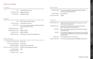 SPECIFICATIONS




                                                                                                                                                                                                          AMENITIES
GENERAL                                                                                         DRIVETRAIN
                                                                                                	
	                      TYPE	   Five-passenger	luxury	sedan                                      	   TRANSMISSION	      	Six-speed	sequential-shift	automatic	Electronically	Controlled	
                                                                                                                       Transmission	with	intelligence	(ECT-i)
	           CONSTRUCTION	      Welded-steel	unibody
                                                                                                	   DRIVE	WHEELS	      Front-wheel	drive
	             CURB	WEIGHT	     3,580	lb	(1,635	kg)
                                                                                                	FINAL	DRIVE	RATIO	    3.685:1




                                                                                                                                                                                                          INNOVATION
ENGINE
	                                                                                               CHASSIS
	                      TYPE	   60°	V6,	aluminum	block	and	heads	
                                                                                                	SUSPENSION	(front)	   	Independent,	MacPherson	struts	with	coil	springs,	gas-pressurized	
	            DISPLACEMENT	     	3.5	liters	(211	cubic	inches)
                                                                                                                        shock	absorbers	and	stabilizer	bar
	               VALVETRAIN	    	Four	cam,	four	valves	per	cylinder,	with	dual	Variable	Valve	
                                                                                                	SUSPENSION	(rear)	    	Independent	dual-link	Macpherson	struts	with	coil	springs,	gas-




                                                                                                                                                                                                          PERFORMANCE
                               Timing	with	intelligence	(VVT-i)	
                                                                                                                        pressurized	shock	absorbers	and	stabilizer	bar
	       COMPRESSION	RATIO	     10.8:1
                                                                                                	        STEERING	     	Engine-speed-sensing,	progressive	power-assisted	rack-and-pinion.	
	      HORSEPOWER	AT	RPM	      268	hp	@	6,200                                                                           3.2	turns,	lock	to	lock
	           TORQUE	AT	RPM	     248	lb-ft	@	4,700                                                	          BRAKES	     	Four-wheel	power-assisted	discs,	with	four-sensor,	four-channel	Anti-
                                                                                                                        lock	Braking	System	(ABS),	Electronic	Brakeforce	Distribution	(EBD)	
	          EMISSION	RATING	    Certified	Ultra-Low	Emission	Vehicle	(ULEV	II)
                                                                                                                        and	Brake	Assist19
                                                                                                	      BRAKE	SIZE	     11.6-in	ventilated	front,	11.0-in	solid	rear	discs
PERFORMANCE                                                                                     WHEELS	AND	TIRES	      	17	x	7.0-in	five-spoke	alloy	wheels	with	215/55R17	all-season	tires.17




                                                                                                                                                                                                          SAFETY
	
	   0–60	MPH	ACCELERATION	     7.0	seconds12
	     1/4	MILE	ACCELERATION	   15.2	seconds12
	          TOP	TRACK	SPEED	    137	mph12	(electronically	limited)
EPA	FUEL	ECONOMY	ESTIMATES	    19/27/22	mpg18	(city/highway/combined)	
	           AERODYNAMIC	       0.28	




                                                                                                                                                                                                          SPECS
	        DRAG	COEFFICIENT
	           TURNING	CIRCLE	    36.7	ft



                                                                                                                                                                            See disclaimers on page 56.
 