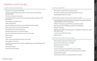STANDARD LUXURY FEATURES




                                                                                                                                                                                                        AMENITIES
   LUXURY AND CONVENIENCE                                                                            SEATING AND TRIM
        SmartAccess9,10 with push-button Start/Stop                                                    Brown walnut or espresso bird’s-eye maple interior trim
        Dual-zone automatic climate control with interior air filter, smog sensor and automatic        10-way driver’s and front passenger’s (including lumbar) power seats
        recirculation mode
                                                                                                       Height-adjustable headrests for all seats
        Power tilt-and-telescopic steering column




                                                                                                                                                                                                        INNOVATION
        Lexus Memory System to control power driver’s seat (except lumbar), outside mirrors and      COMMUNICATION, AUDIO AND NAVIGATION
        steering wheel
                                                                                                       Lexus eight-speaker, Premium Sound System with Automatic Sound Levelizer (ASL) and
        Remote keyless entry-linked memory10                                                           in-dash, single-feed, six-disc CD auto-changer
        Leather-trimmed interior                                                                       XM Radio2,3 Subscription required. 90-day trial subscription included
        Power tilt-and-slide moonroof with one-touch open/close and sliding sunshade                   USB and auxiliary iPod®20/MP3/Windows Media® Audio (WMA) port
        Power windows with one-touch auto open/close feature




                                                                                                                                                                                                        PERFORMANCE
                                                                                                       Bluetooth® technology21
        Remote-linked window and moonroof opening                                                      Bluetooth audio22 profile for wireless integration of compatible music players with in-vehicle
        Retained accessory power for moonroof and windows                                              audio system controls
        Electrochromic (auto-dimming) inside rearview mirror with compass                              In-glass antenna with FM-diversity sytem
        Power door locks                                                                               Shark-fin antenna
        Cruise control
                                                                                                     INSTRUMENTATION AND CONTROL
        Center console with storage bin and accessory power outlet




                                                                                                                                                                                                        SAFETY
        Dual cupholders, front and rear                                                                Steering-wheel-mounted audio and display controls

        HomeLink® universal transceiver to operate compatible garage, gate, home lighting and home     Liquid-crystal multi-information console display
        security systems                                                                               Electroluminescent instrumentation
        Illuminated entry system                                                                       ECO Driving indicator
        Exterior glass with UV reduction                                                               Automatic on/off projector-beam headlamps with auto-off delay
                                                                                                       Lexus Personalized Settings (LPS) 23 to customize select electronic functions




                                                                                                                                                                                                        SPECS
                                                                                                       Outside temperature gauge
                                                                                                       Illuminated interior electronic trunk-lid and fuel-filler door releases


See disclaimers on page 56.
 