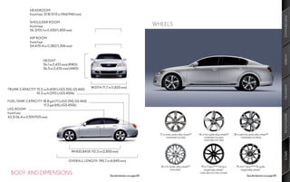 HEADROOM
              front/rear 37.8/37.0 in (960/940 mm)




                                                                                                                                                                                                                   PERFORMANCE
              SHOULDER ROOM
              front/rear                                                                         WHEELS
              56.3/55.1 in (1,430/1,400 mm)

              HIP ROOM
              front/rear
              54.4/51.4 in (1,382/1,306 mm)




                                                                                                                                                                                                                   HYBRID
                       HEIGHT
                       56.1 in (1,425 mm) (RWD)
                       56.5 in (1,435 mm) (AWD)




                                                                                                                                                                                                                   AMENITIES
                                                       WIDTH 71.7 in (1,820 mm)
TRUNK CAPACITY 15.2 cu ft (430 L) (GS 350, GS 460)
               10.3 cu ft (292 L) (GS 450h)

FUEL-TANK CAPACITY 18.8 gal (71 L) (GS 350, GS 460)
                         17.2 gal (65L) (GS 450h)
LEG ROOM
front/rear




                                                                                                                                                                                                                   INNOVATION
43.5/36.4 in (1,105/925 mm)




                                                                                                   17-in seven-spoke alloy wheels24   18-in five-spoke alloy wheels25   18-in split-five-spoke alloy wheels25
                                                                                                         STANDARD (GS 350)                 STANDARD (GS 460),                  STANDARD (GS 450h)
                                                                                                                                           AVAILABLE (GS 350)




                                           WHEELBASE 112.2 in (2,850 mm)




                                                                                                                                                                                                                   SPECS
                                         OVERALL LENGTH 190.7 in (4,845 mm)
                                                                                                   18-in G-Spider alloy wheels25        19-in F Sport™4,5 full-face       19-inch F Sport™4,5 10-spoke
                                                                                                             AVAILABLE                    forged alloy wheels7                 forged alloy wheels7
  BODY AND DIMENSIONS                                              See disclaimers on page 69.
                                                                                                                                       AVAILABLE (GS 350, GS 460)
                                                                                                                                                                                     See disclaimers on page 69.
 