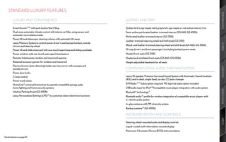 STANDARD LUXURY FEATURES




                                                                                                                                                                               PERFORMANCE
         LUXURY AND CONVENIENCE                                                          SEATING AND TRIM

         SmartAccess27,28 with push-button Start/Stop                                    Golden bird’s-eye maple, dark gray bird’s-eye maple or red walnut interior trim
         Dual-zone automatic climate control with interior air filter, smog sensor and   Semi-aniline perforated leather-trimmed interior (GS 460, GS 450h)
         automatic recirculation mode
                                                                                         Perforated leather-trimmed interior (GS 350)
         Power tilt-and-telescopic steering column with automatic tilt-away
                                                                                         Leather-trimmed steering wheel and shift knob (GS 350)
         Lexus Memory System to control power driver’s seat (except lumbar), outside




                                                                                                                                                                               HYBRID
         mirrors and steering wheel                                                      Wood- and leather-trimmed steering wheel and shift knob (GS 460, GS 450h)
         Power tilt-and-slide moonroof with one-touch open/close and sliding sunshade    10-way driver’s and front passenger’s (including lumbar) power seats
         Power windows with one-touch auto open/close feature                            Heated front seats (GS 350)
         Remote-linked power window and moonroof opening                                 Heated and ventilated front seats (GS 460, GS 450h)
         Retained accessory power for windows and moonroof                               Height-adjustable headrests for all seats
         Electrochromic (auto-dimming) inside rearview mirror with compass and




                                                                                                                                                                               AMENITIES
         outside mirrors                                                                 COMMUNICATION, AUDIO AND NAVIGATION
         Power door locks
         Cruise control                                                                  Lexus 10-speaker Premium Surround Sound System with Automatic Sound Levelizer
                                                                                         (ASL) and in-dash, single-feed, six-disc CD auto-changer
         Power trunk closer
         HomeLink® universal transceiver to operate compatible garage, gate,             XM Radio.13,17 Subscription required. 90-day trial subscription included
         home lighting and home security systems                                         USB audio input for iPod®30/compatible music player integration with audio system




                                                                                                                                                                               INNOVATION
         Intuitive Parking Assist (GS 450h)                                              Bluetooth® technology31
         Lexus Personalized Settings (LPS) 29 to customize select electronic functions   Bluetooth audio32 profile for wireless integration of compatible music players with
                                                                                         in-vehicle audio system
                                                                                         In-glass antenna with FM-diversity system
                                                                                         Backup camera20 (GS 450h)

                                                                                         INSTRUMENTATION AND CONTROLS




                                                                                                                                                                               SPECS
                                                                                         Steering-wheel-mounted audio and display controls
                                                                                         Liquid-crystal multi-information console display
                                                                                         Electronic Chromatic Device (ECD) instrumentation

See disclaimers on page 69.
 