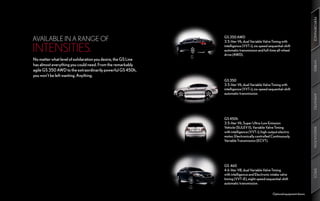 PERFORMANCE
                                                                                                                              PERFORMANCE
AVAILABLE IN A RANGE OF                                        GS 350 AWD
                                                               3.5-liter V6, dual Variable Valve Timing with

INTENSITIES.                                                   intelligence (VVT-i), six-speed sequential-shift
                                                               automatic transmission and full-time all-wheel
                                                               drive (AWD).
No matter what level of exhilaration you desire, the GS Line




                                                                                                                              HYBRID
                                                                                                                              HYBRID
has almost everything you could need. From the remarkably
agile GS 350 AWD to the extraordinarily powerful GS 450h,
you won’t be left wanting. Anything.
                                                               GS 350
                                                               3.5-liter V6, dual Variable Valve Timing with
                                                               intelligence (VVT-i), six-speed sequential-shift
                                                               automatic transmission.




                                                                                                                              AMENITIES
                                                                                                                              AMENITIES
                                                               GS 450h
                                                               3.5-liter V6, Super Ultra-Low Emission
                                                               Vehicle (SULEV II), Variable Valve Timing




                                                                                                                              INNOVATION
                                                                                                                              INNOVATION
                                                               with intelligence (VVT-i), high-output electric
                                                               motor, Electronically controlled Continuously
                                                               Variable Transmission (ECVT).




                                                               GS 460
                                                               4.6-liter V8, dual Variable Valve Timing




                                                                                                                              SPECS
                                                                                                                              SPECS
                                                               with intelligence and Electronic intake valve
                                                               timing (VVT-iE), eight-speed sequential-shift
                                                               automatic transmission.

                                                                                                  Optional equipment shown.
 