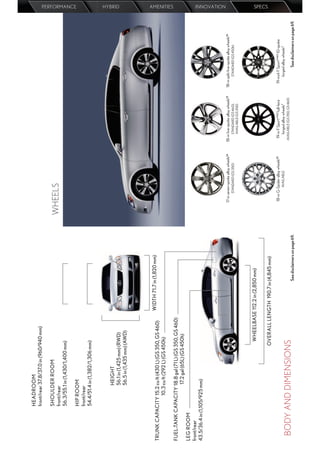 HEADROOM
              front/rear 37.8/37.0 in (960/940 mm)

              SHOULDER ROOM
              front/rear                                                                         WHEELS
              56.3/55.1 in (1,430/1,400 mm)
                                                                                                                                                                                                                  PERFORMANCE




              HIP ROOM
              front/rear
              54.4/51.4 in (1,382/1,306 mm)



                       HEIGHT
                                                                                                                                                                                                                  HYBRID




                       56.1 in (1,425 mm) (RWD)
                       56.5 in (1,435 mm) (AWD)




                                                       WIDTH 71.7 in (1,820 mm)
TRUNK CAPACITY 15.2 cu ft (430 L) (GS 350, GS 460)
               10.3 cu ft (292 L) (GS 450h)
                                                                                                                                                                                                                  AMENITIES




FUEL-TANK CAPACITY 18.8 gal (71 L) (GS 350, GS 460)
                         17.2 gal (65L) (GS 450h)
LEG ROOM
front/rear
43.5/36.4 in (1,105/925 mm)
                                                                                                                                                                                                                  INNOVATION




                                                                                                   17-in seven-spoke alloy wheels24   18-in ﬁve-spoke alloy wheels25   18-in split-ﬁve-spoke alloy wheels25
                                                                                                         STANDARD (GS 350)                STANDARD (GS 460),                  STANDARD (GS 450h)
                                                                                                                                          AVAILABLE (GS 350)




                                           WHEELBASE 112.2 in (2,850 mm)
                                                                                                                                                                                                                  SPECS




                                         OVERALL LENGTH 190.7 in (4,845 mm)
                                                                                                   18-in G-Spider alloy wheels25        19-in F Sport™4,5 full-face      19-inch F Sport™4,5 10-spoke
                                                                                                             AVAILABLE                    forged alloy wheels7                forged alloy wheels7
  BODY AND DIMENSIONS                                                                                                                  AVAILABLE (GS 350, GS 460)
                                                                   See disclaimers on page 69.                                                                                      See disclaimers on page 69.
 