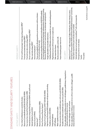 STANDARD SAFETY AND SECURITY FEATURES

 ACTIVE SAFETY                                                                                  PASSIVE SAFETY
                                                                                                                                                                                                    PERFORMANCE




 Four-wheel ventilated power-assisted disc brakes                                               Driver’s and front passenger’s dual-stage airbag system (SRS) 16
 Electronic Controlled Braking (ECB) (GS 460, GS 450h)                                          Front seat-mounted side airbags (SRS) 16
 Four-sensor, four-channel Anti-lock Braking System (ABS)                                       Front and rear side curtain airbags (SRS) 16
 Vehicle Dynamics Integrated Management (VDIM)1 with cutoff switch                              Driver’s and front passenger’s knee airbags (SRS) 16
 Vehicle Stability Control (VSC)1                                                               Rear-seat side airbags (SRS) 16
                                                                                                                                                                                                    HYBRID




 Traction Control (TRAC)                                                                        Active front headrests23
 Brake Assist22                                                                                 Three-point seatbelts for all seating positions, pre-tensioners with force limiters
 Electronic Brakeforce Distribution (EBD)                                                       for front and outboard rear seats
                                                                                                Automatic Locking Retractor/Emergency Locking Retractor (ALR/ELR) seatbelts
 Direct Tire Pressure Monitor System33
                                                                                                for front and outboard mounted rear passenger seating positions. Emergency Locking
 Adaptive Front Lighting System (AFS)19 (GS 460, GS 450h)                                       Retractor (ELR) only for driver’s seat and center rear passenger seating position
 High-Intensity Discharge (HID) headlamps with dynamic auto leveling                            Height-adjustable front shoulder belt anchors
 Headlamp washers (GS 450h)                                                                     Child Restraint Seat (CRS) tether anchor brackets for rear outboard seating positions
                                                                                                                                                                                                    AMENITIES




 Integrated foglamps                                                                            Rigid body structure with front and rear crumple zones
 LED taillamps                                                                                  Side-impact door beams
 Water-repellent front-door glass                                                               Reinforcements in pillars and door sills
 Rain-sensing intermittent windshield wipers with mist cycle (GS 460, GS 450h)                  Impact-dissipating upper interior trim
 Variable intermittent windshield wipers with mist cycle (GS 350)
 Power-adjustable, auto-folding outside mirrors with defoggers, puddle lamps, integrated turn   SECURITY
                                                                                                                                                                                                    INNOVATION




 indicators and auto tilt-down in reverse
 Rear-window defogger with auto-off timer                                                       Safety Connect™ 11,14 offers Automatic Collision Notiﬁcation, Stolen Vehicle Location,
 Power-adjustable, power-folding outside mirrors with turn indicators, defoggers, puddle        Emergency Assistance Button (SOS) and Enhanced Roadside Assistance15 connectivity.
 lamps and auto tilt-down in reverse                                                            Subscription required. One-year trial subscription included
                                                                                                Vehicle theft-deterrent and engine immobilizer,28 with in-key transponder
                                                                                                Emergency interior trunk release
                                                                                                                                                                                                    SPECS




                                                                                                Tool kit
                                                                                                First aid kit
                                                                                                                                                                      See disclaimers on page 69.
 