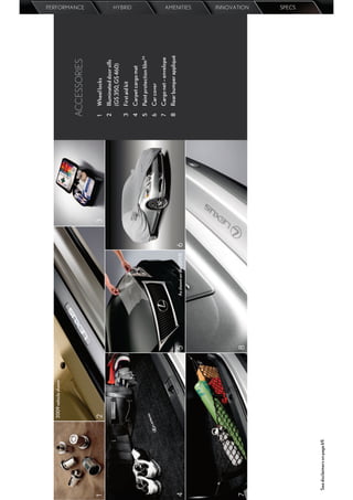 2009 vehicle shown



                                                                                             ACCESSORIES
                                                                                                                          PERFORMANCE




1                                 2                                                      3   1   Wheel locks
                                                                                             2   Illuminated door sills
                                                                                                 (GS 350, GS 460)
                                                                                             3   First aid kit
                                                                                                                          HYBRID




                                                                                             4   Carpet cargo mat
                                                                                             5   Paint protection ﬁlm34
                                                                                             6   Car cover
                                                                                             7   Cargo net – envelope
                                                                                             8   Rear bumper appliqué
4                                                      5   As shown on the 2011 IS   6
                                                                                                                          AMENITIES




7                                                      8
                                                                                                                          INNOVATION
                                                                                                                          SPECS




    See disclaimers on page 69.
 