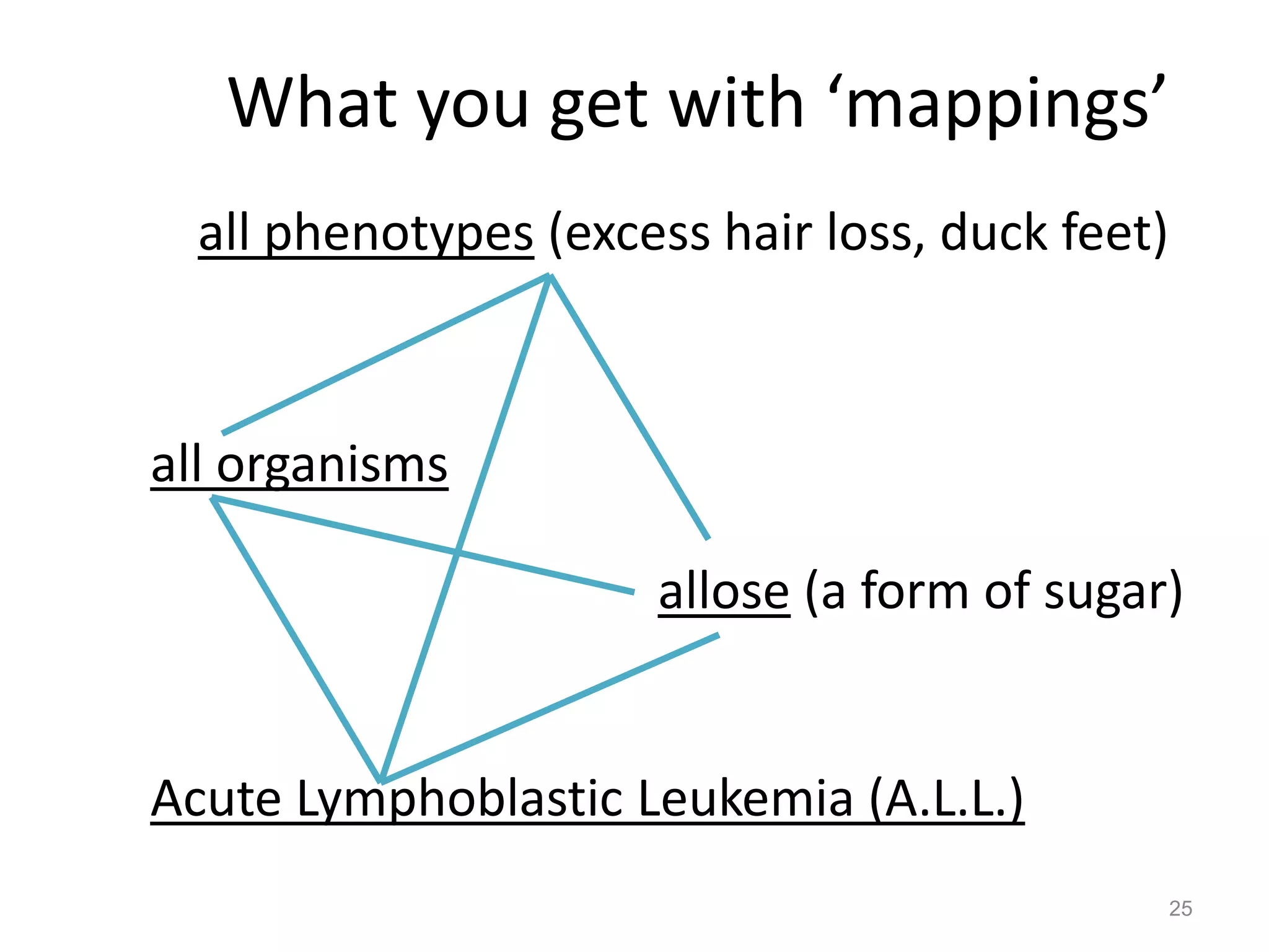 What you get with ‘mappings’
all phenotypes (excess hair loss, duck feet)
all organisms
allose (a form of sugar)
Acute Lymphoblastic Leukemia (A.L.L.)
25
 