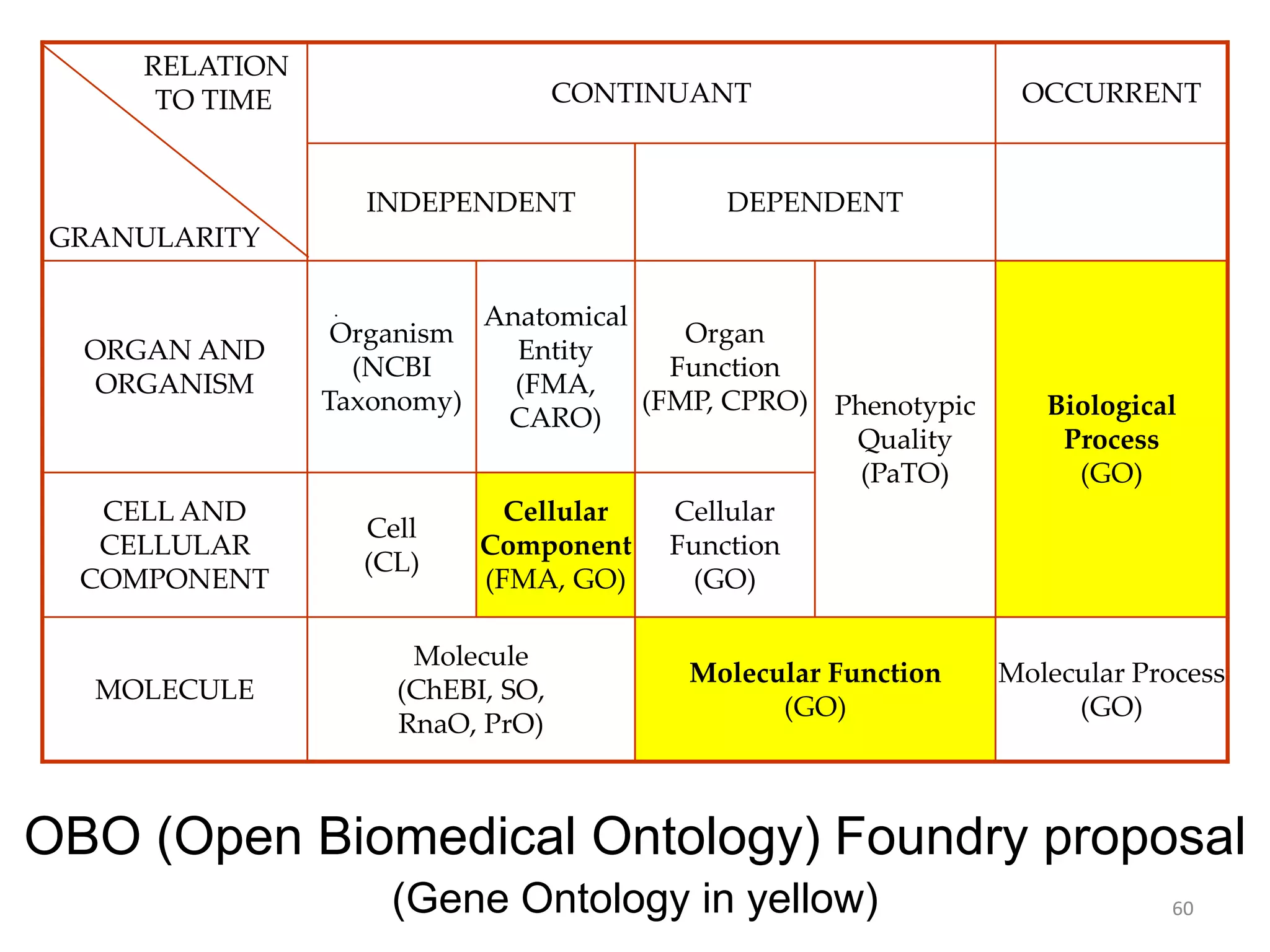 RELATION
TO TIME
GRANULARITY
CONTINUANT OCCURRENT
INDEPENDENT DEPENDENT
ORGAN AND
ORGANISM
Organism
(NCBI
Taxonomy)
Anatomical
Entity
(FMA,
CARO)
Organ
Function
(FMP, CPRO) Phenotypic
Quality
(PaTO)
Biological
Process
(GO)
CELL AND
CELLULAR
COMPONENT
Cell
(CL)
Cellular
Component
(FMA, GO)
Cellular
Function
(GO)
MOLECULE
Molecule
(ChEBI, SO,
RnaO, PrO)
Molecular Function
(GO)
Molecular Process
(GO)
OBO (Open Biomedical Ontology) Foundry proposal
(Gene Ontology in yellow) 60
 