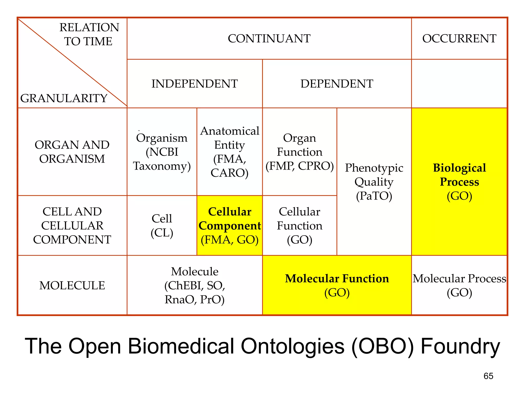 RELATION
TO TIME
GRANULARITY
CONTINUANT OCCURRENT
INDEPENDENT DEPENDENT
ORGAN AND
ORGANISM
Organism
(NCBI
Taxonomy)
Anatomical
Entity
(FMA,
CARO)
Organ
Function
(FMP, CPRO) Phenotypic
Quality
(PaTO)
Biological
Process
(GO)
CELL AND
CELLULAR
COMPONENT
Cell
(CL)
Cellular
Component
(FMA, GO)
Cellular
Function
(GO)
MOLECULE
Molecule
(ChEBI, SO,
RnaO, PrO)
Molecular Function
(GO)
Molecular Process
(GO)
The Open Biomedical Ontologies (OBO) Foundry
65
 