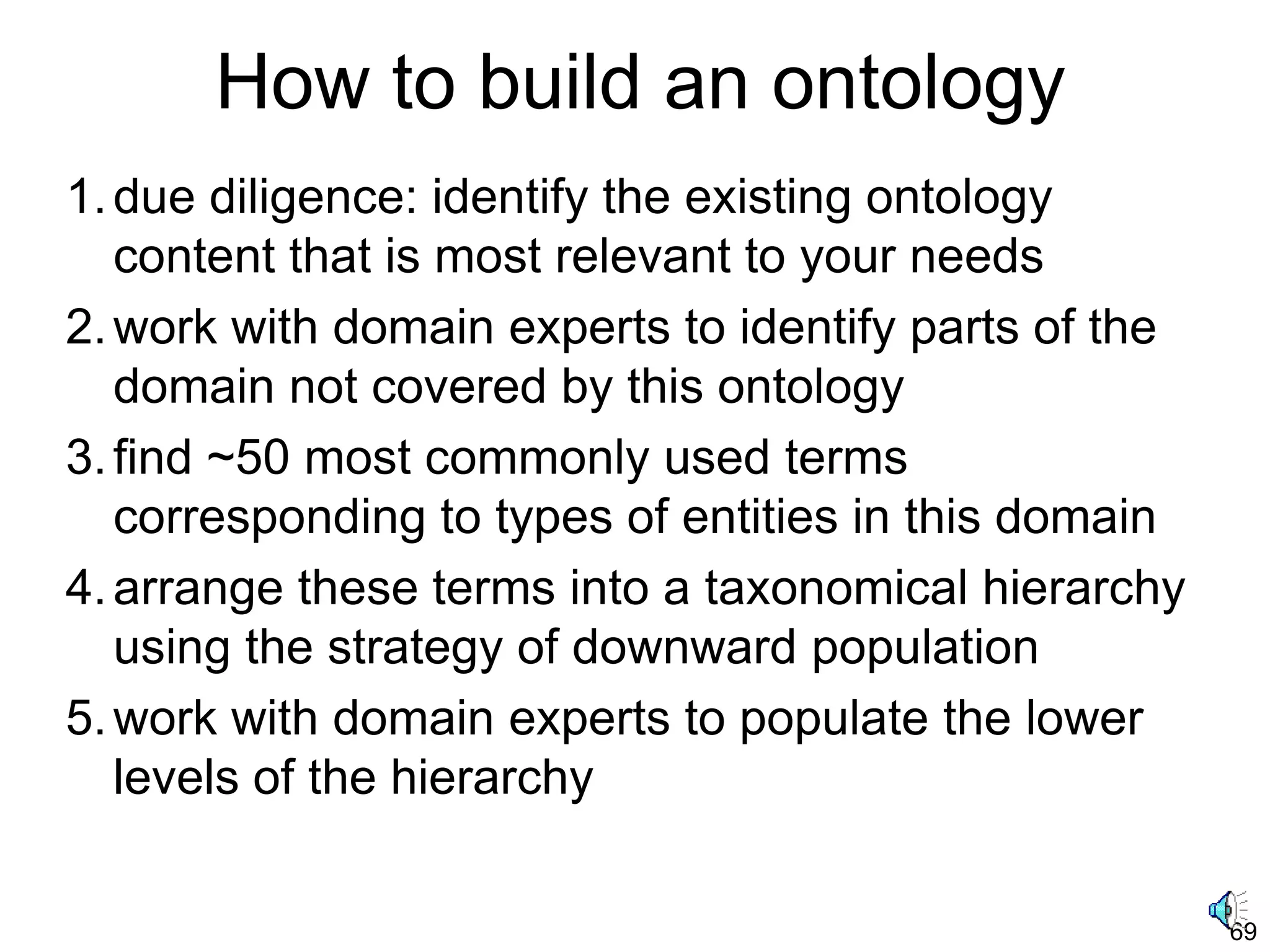 69
How to build an ontology
1.due diligence: identify the existing ontology
content that is most relevant to your needs
2.work with domain experts to identify parts of the
domain not covered by this ontology
3.find ~50 most commonly used terms
corresponding to types of entities in this domain
4.arrange these terms into a taxonomical hierarchy
using the strategy of downward population
5.work with domain experts to populate the lower
levels of the hierarchy
 