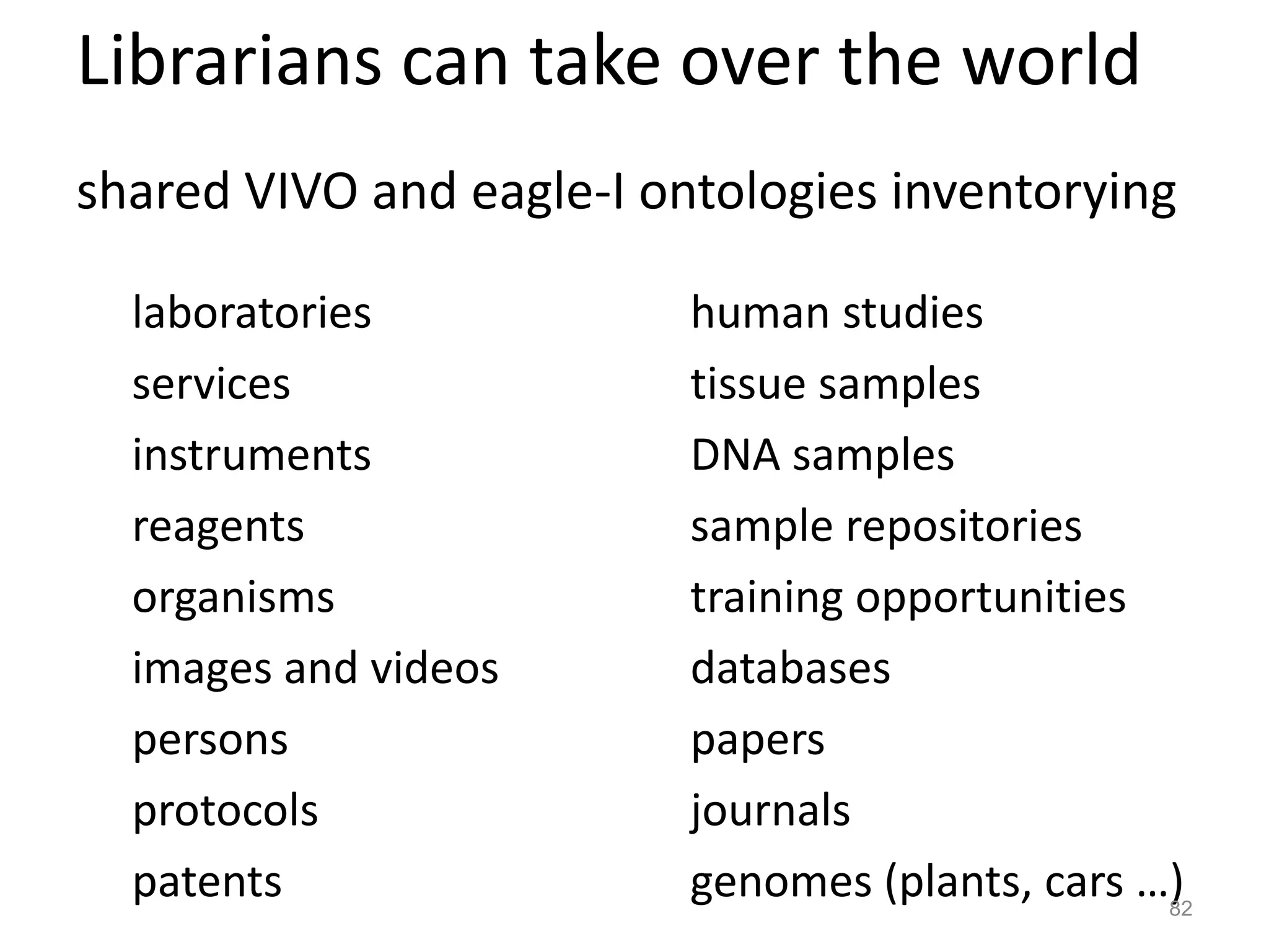 Librarians can take over the world
shared VIVO and eagle-I ontologies inventorying
laboratories
services
instruments
reagents
organisms
images and videos
persons
protocols
patents
human studies
tissue samples
DNA samples
sample repositories
training opportunities
databases
papers
journals
genomes (plants, cars …)82
 