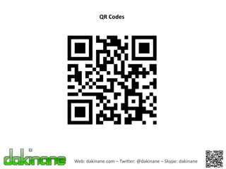 QR Codes




Web: dakinane.com – Twitter: @dakinane – Skype: dakinane
 