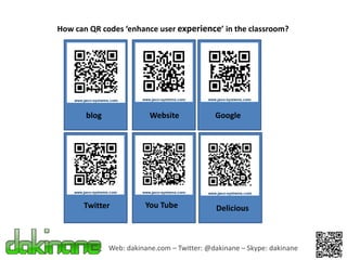 How can QR codes ‘enhance user experience’ in the classroom?




        Blo                                     Blo


       blog               Website            Google




        Blo                 Blo                 Blo


      Twitter           You Tube             Delicious



              Web: dakinane.com – Twitter: @dakinane – Skype: dakinane
 