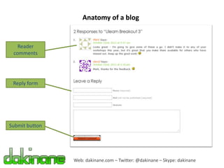 Anatomy of a blog


   Reader
 comments




 Reply form




Submit button




                Web: dakinane.com – Twitter: @dakinane – Skype: dakinane
 