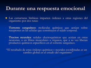 Durante una respuesta emocional Las estructuras límbicas imparten órdenes a otras regiones del organismo por dos rutas: Torrente sanguíneo : moléculas químicas que actúan sobre receptores en las células que constituyen el tejido corporal. Tractos neurales : señales electroquímicas que actúan en otras neuronas, o en fibras musculares u órganos, que a su vez liberan productos químicos específicos en el torrente sanguíneo. “ El resultado de estas órdenes químicas y neurales coordinadas es un cambio global en el estado del organismo” 