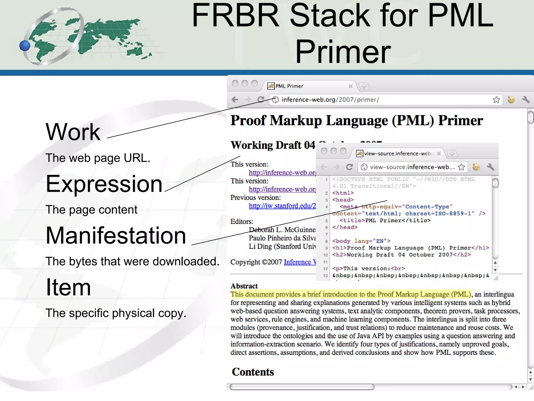FRBR Stack for PML Primer Work The web page URL. Expression The page content Manifestation The bytes that were downloaded. Item The specific physical copy.  