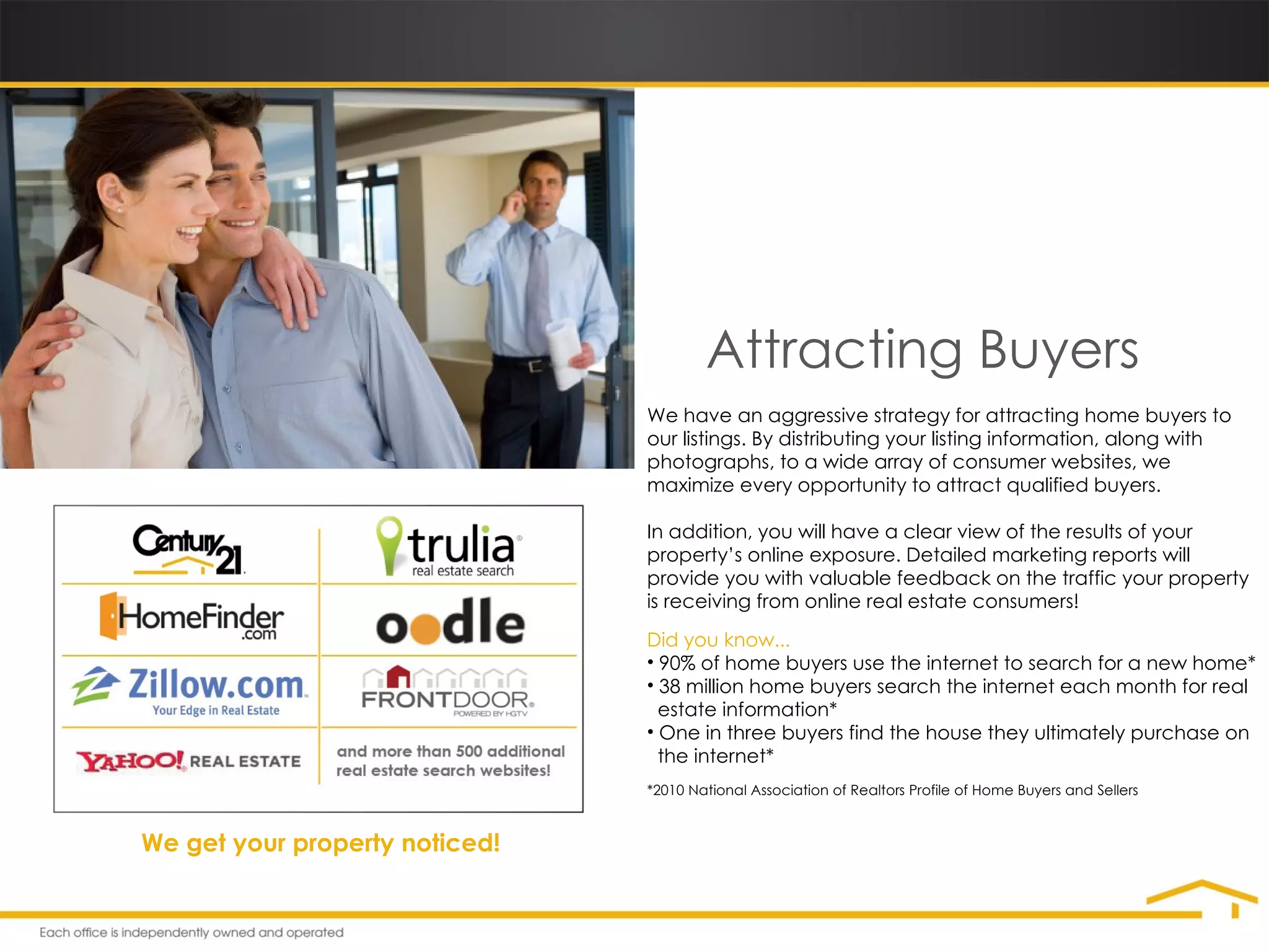 Attracting Buyers We have an aggressive strategy for attracting home buyers to our listings. By distributing your listing information, along with photographs, to a wide array of consumer websites, we maximize every opportunity to attract qualified buyers. In addition, you will have a clear view of the results of your property’s online exposure. Detailed marketing reports will provide you with valuable feedback on the traffic your property is receiving from online real estate consumers! Did you know... 90% of home buyers use the internet to search for a new home* 38 million home buyers search the internet each month for real    estate information* One in three buyers find the house they ultimately purchase on    the internet* *2010 National Association of Realtors Profile of Home Buyers and Sellers We get your property noticed! 