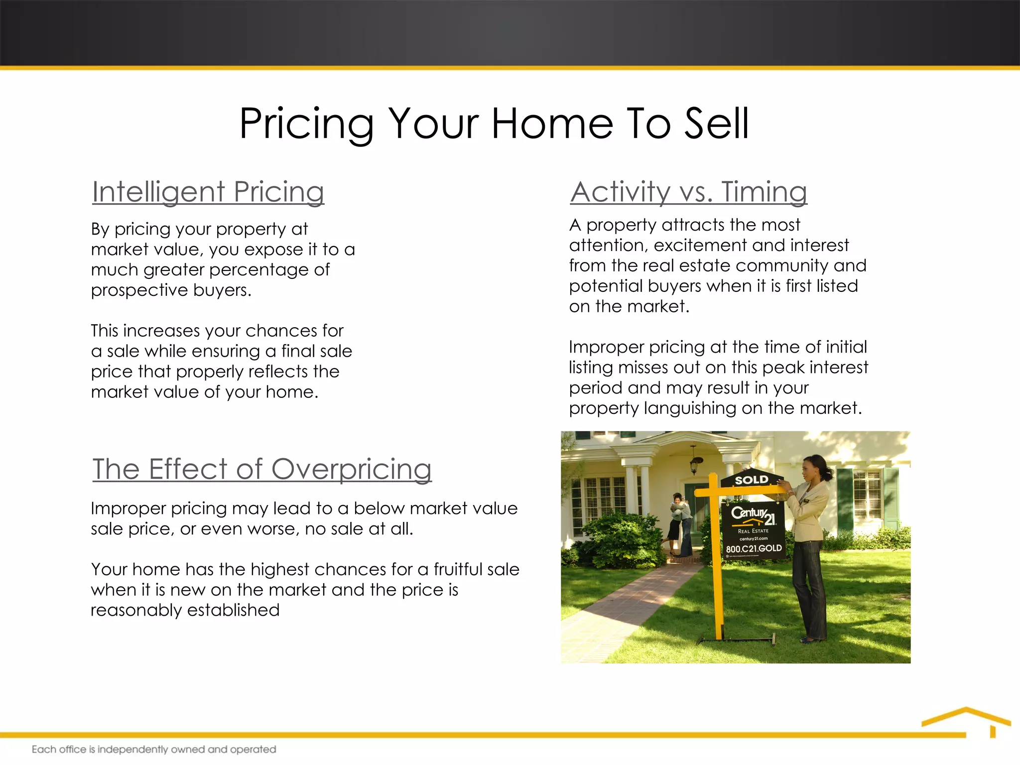 Intelligent Pricing By pricing your property at market value, you expose it to a much greater percentage of prospective buyers. This increases your chances for a sale while ensuring a final sale price that properly reflects the market value of your home. Pricing Your Home To Sell Activity vs. Timing A property attracts the most attention, excitement and interest from the real estate community and potential buyers when it is first listed on the market.  Improper pricing at the time of initial listing misses out on this peak interest period and may result in your property languishing on the market.  The Effect of Overpricing Improper pricing may lead to a below market value sale price, or even worse, no sale at all.  Your home has the highest chances for a fruitful sale when it is new on the market and the price is reasonably established 