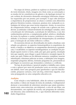 Na etapa da leitura, podem-se explorar os elementos gráficos
                               do texto (formato, título, imagens etc.) bem como as convenções e
                               os modos de ler constitutivos do gênero e da tipologia textual: ler
                               um verbete de dicionário demanda estratégias diferentes daque-
                               las requeridas por um poema, por exemplo. E aqui cabe destacar
                               a importância de proporcionar ao aluno o contato com diferentes
                               gêneros literários (contos, romances, poemas etc), realçando as es-
                               tratégias de leitura que esses textos requerem. Assim, os exercícios
                               de compreensão leitora, sempre de acordo com o gênero em foco,
                               devem: a) estimular o desenvolvimento de estratégias variadas, como
                               a localização de informação, a produção de inferência, o uso dos
                               conhecimentos prévios, a compreensão global, seletiva e detalhada
                               do texto; b) explorar o caráter polifônico dos textos e a intertextu-
                               alidade; c) favorecer a pluralidade de interpretações; d) contribuir
 Coleção Explorando o Ensino




                               para a formação de um leitor reflexivo e crítico.
                                     Os exercícios devem ser diversificados de modo a focalizar, com
                               relação aos gêneros: os aspectos formais/gráficos (a arquitetura do
                               texto), a função e os objetivos; os componentes discursivos e gramati-
                               cais; o vocabulário; os aspectos sociolinguísticos; as condições de pro-
                               dução (quem escreve o texto, onde, por quê, para quem), circulação
                               (em que suporte, para chegar a quais leitores) e recepção (quem lê,
                               onde, por quê). Podem ser de diferente natureza: completar, associar
                               informações, relacionar palavras ao tema, a definições e/ou imagens,
                               responder perguntas abertas, formular perguntas etc, procurando-se
                               privilegiar os exercícios que demandem a releitura e a reflexão.
                                     Na fase de pós-leitura, é possível ampliar o trabalho com o tema
                               e com o gênero por meio de produções orais ou escritas: realizar
                               um debate, fazer uma pesquisa para aprofundar o que foi lido/dis-
                               cutido, preparar cartazes, criar um blog, entrevistar alguém, criar
                               uma propaganda ou uma campanha educativa etc.

                               Audição
                                   Com relação a esta habilidade, além de reiterar a pertinência
                               dos áudios e vídeos em função do tema da unidade, é indispensável
                               destacar a necessidade de selecionar amostras que sejam autentica-
                               mente orais: uma entrevista, um telejornal, a cena de um filme, um
                               documentário, um capítulo de novela, um programa de culinária,
                               um discurso, uma conferência etc., e que ilustrem diferentes varie-
102                            dades linguísticas.
 