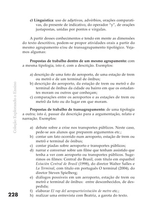 c) Linguística: uso de adjetivos, advérbios, orações comparati-
                                       vas, do presente de indicativo, do operador “y”, de orações
                                       justapostas, unidas por pontos e vírgulas.

                                   A partir desses conhecimentos e tendo em mente as dimensões
                               do texto descritivo, podem-se propor atividades orais a partir do
                               mesmo agrupamento e/ou de transagrupamento tipológico. Veja-
                               mos algumas:

                                   Propostas de trabalho dentro de um mesmo agrupamento: com
                               a mesma tipologia, isto é, com a descrição. Exemplos:

                                   a) descrição de uma foto de aeroporto, de uma estação de trem
                                       ou metrô e de um terminal de ônibus;
                                   b) descrição do aeroporto, da estação de trem ou metrô e do
 Coleção Explorando o Ensino




                                       terminal de ônibus da cidade ou bairro em que os estudan-
                                       tes moram ou outros que conheçam;
                                   c) comparações entre os aeroportos e as estações de trem ou
                                       metrô da foto ou do lugar em que moram.

                                   Propostas de trabalho de transagrupamento: de uma tipologia
                               a outra; isto é, passar da descrição para a argumentação, relato e
                               narração. Exemplos:

                                   a) debate sobre a crise nos transportes públicos. Neste caso,
                                      pede-se aos alunos que preparem argumentos etc.;
                                   b) contar um fato ocorrido num aeroporto, estação de trem ou
                                      metrô e terminal de ônibus;
                                   c) contar piadas sobre aeroporto e transportes públicos;
                                   d) narrar e conversar sobre um filme que tenham assistido que
                                      tenha a ver com aeroporto ou transportes públicos. Suge-
                                      rimos os filmes: Central do Brasil, com título em espanhol
                                      Estación Central de Brasil (1998), do diretor Walter Salles e
                                      La Terminal, com título em português O terminal (2004), do
                                      diretor Steven Spielberg;
                                   e) diálogos possíveis em um aeroporto, estação de trem ou
                                      metrô e terminal de ônibus: entre desconhecidos, de des-
                                      pedida;
                                   f) elaborar El rap del aeropuerto/estación de metro etc.;
228                                h) realizar uma entrevista com Beatriz, a garota do texto.
 