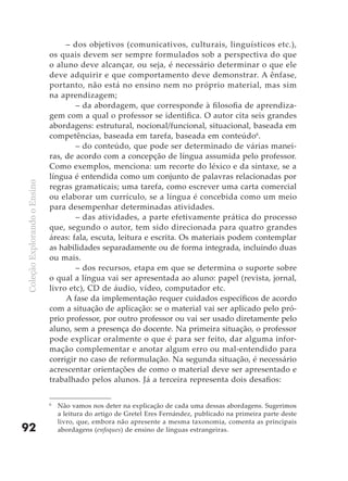 – dos objetivos (comunicativos, culturais, linguísticos etc.),
                              os quais devem ser sempre formulados sob a perspectiva do que
                              o aluno deve alcançar, ou seja, é necessário determinar o que ele
                              deve adquirir e que comportamento deve demonstrar. A ênfase,
                              portanto, não está no ensino nem no próprio material, mas sim
                              na aprendizagem;
                                      – da abordagem, que corresponde à filosofia de aprendiza-
                              gem com a qual o professor se identifica. O autor cita seis grandes
                              abordagens: estrutural, nocional/funcional, situacional, baseada em
                              competências, baseada em tarefa, baseada em conteúdo6.
                                      – do conteúdo, que pode ser determinado de várias manei-
                              ras, de acordo com a concepção de língua assumida pelo professor.
                              Como exemplos, menciona: um recorte do léxico e da sintaxe, se a
                              língua é entendida como um conjunto de palavras relacionadas por
Coleção Explorando o Ensino




                              regras gramaticais; uma tarefa, como escrever uma carta comercial
                              ou elaborar um currículo, se a língua é concebida como um meio
                              para desempenhar determinadas atividades.
                                      – das atividades, a parte efetivamente prática do processo
                              que, segundo o autor, tem sido direcionada para quatro grandes
                              áreas: fala, escuta, leitura e escrita. Os materiais podem contemplar
                              as habilidades separadamente ou de forma integrada, incluindo duas
                              ou mais.
                                      – dos recursos, etapa em que se determina o suporte sobre
                              o qual a língua vai ser apresentada ao aluno: papel (revista, jornal,
                              livro etc), CD de áudio, vídeo, computador etc.
                                   A fase da implementação requer cuidados específicos de acordo
                              com a situação de aplicação: se o material vai ser aplicado pelo pró-
                              prio professor, por outro professor ou vai ser usado diretamente pelo
                              aluno, sem a presença do docente. Na primeira situação, o professor
                              pode explicar oralmente o que é para ser feito, dar alguma infor-
                              mação complementar e anotar algum erro ou mal-entendido para
                              corrigir no caso de reformulação. Na segunda situação, é necessário
                              acrescentar orientações de como o material deve ser apresentado e
                              trabalhado pelos alunos. Já a terceira representa dois desafios:

                              6
                                  Não vamos nos deter na explicação de cada uma dessas abordagens. Sugerimos
                                  a leitura do artigo de Gretel Eres Fernández, publicado na primeira parte deste
                                  livro, que, embora não apresente a mesma taxonomia, comenta as principais
92                                abordagens (enfoques) de ensino de línguas estrangeiras.
 