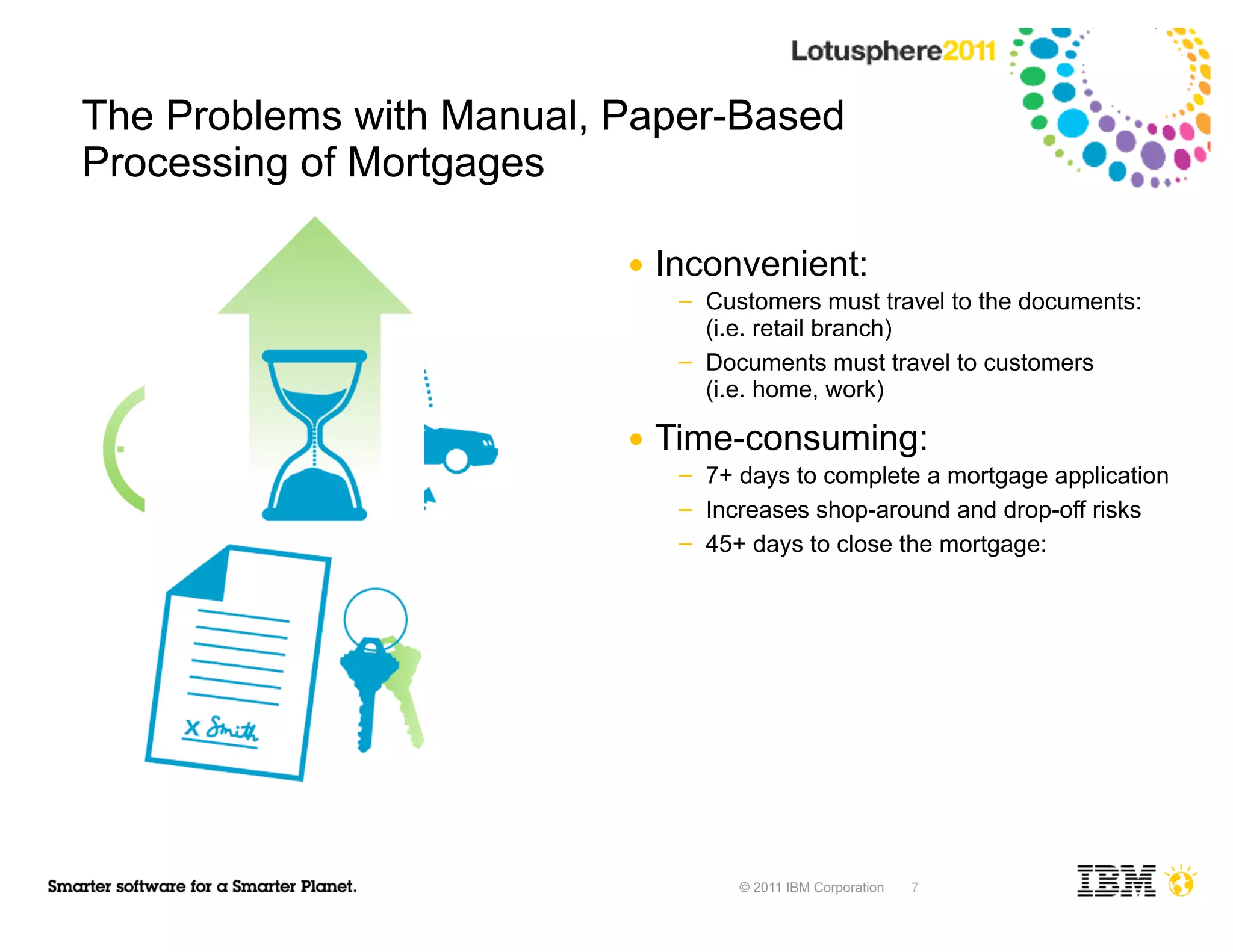 The Problems with Manual, Paper-Based
Processing of Mortgages

                          ●   Inconvenient:
                               ─   Customers must travel to the documents:
                                   (i.e. retail branch)
                               ─   Documents must travel to customers
                                   (i.e. home, work)

                          ●   Time-consuming:
                               ─   7+ days to complete a mortgage application
                               ─   Increases shop-around and drop-off risks
                               ─   45+ days to close the mortgage:




                                      © 2011 IBM Corporation   7
 