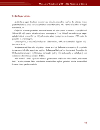M apa   da   V iolência 2011: o s J oVens         do   b rasil




5.7. Cor/Raça e Suicídios

   As tabelas a seguir detalham o número de suicídios segundo a raça/cor das vítimas. Vemos
que também neste caso o suicídio de brancos cresce 8,6% entre 2002 e 2008, enquanto o de negros
aumenta 51,3%.
   Os jovens brancos apresentam a mesma taxa de suicídios que os brancos na população total
(4,8 em 100 mil), mas os suicídios entre os jovens negros (4 em 100 mil) são maiores que na po-
pulação total de negros (3,3 em 100 mil). Assim, a taxa entre os jovens brancos é 17,3% maior do
que entre os jovens negros.
   Entre os jovens, o suicídio de brancos até cai levemente, -2,8%, enquanto entre negros o suicí-
dio cresce 29,4%.
   No caso dos suicídios, não foi possível estimar as taxas, dado que as estimativas de população
por raça/cor, inferidas a partir da matrizes da Pesquisa Nacional por Amostra de Domicílios do
IBGE, originaram graves problemas de imputação, motivo pelo qual decidiu-se trabalhar só com
os números absolutos de suicídios do SIM.
   Pelas mesmas Tabelas é possível observar que Unidades Federadas, como Paraíba, Rondônia e
Santa Catarina, tiveram fortes incrementos nos suicídios negros, quando o normal nos suicídios
brancos foram quedas estaduais.




                                                                                              145
 