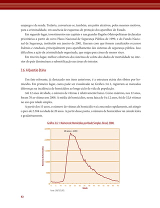 emprego e da renda. Todavia, convertem-se, também, em polos atrativos, pelos mesmos motivos,
para a criminalidade, em ausência de esquemas de proteção dos aparelhos do Estado.
    Em segundo lugar, investimentos nas capitais e nas grandes Regiões Metropolitanas declaradas
prioritárias a partir do novo Plano Nacional de Segurança Pública de 1999, e do Fundo Nacio-
nal de Segurança, instituído em janeiro de 2001, fizeram com que fossem canalizados recursos
federais e estaduais, principalmente para aparelhamento dos sistemas de segurança pública. Isso
dificultou a ação da criminalidade organizada, que migra para áreas de menor risco.
    Em terceiro lugar, melhor cobertura dos sistemas de coleta dos dados de mortalidade no inte-
rior do país diminuíram a subnotificação nas áreas do interior.

3.6. A Questão Etária

   Um fato relevante, já destacado nos itens anteriores, é a estrutura etária dos óbitos por ho-
micídio. Em primeiro lugar, como pode ser visualizado no Gráfico 3.6.1, registram-se marcadas
diferenças na incidência de homicídios ao longo ciclo de vida da população.
   Até 12 anos de idade, o número de vítimas é relativamente baixo. Como máximo, nos 12 anos,
foram 70 as vítimas em 2008. A média de homicídios, nessa faixa de 0 a 12 anos, foi de 32,6 vítimas
no ano por idade simples.
   A partir dos 13 anos, o número de vítimas de homicídio vai crescendo rapidamente, até atingir
o pico de 2.304 na idade de 20 anos. A partir desse ponto, o número de homicídios vai caindo lenta
e gradativamente.

                                          Gráfico 3.6.1. Número de Homicídios por Idade Simples. Brasil, 2008.
                                        2.500
                                                                20 anos = 2.304



                                        2.000
                 Número de homicídios




                                        1.500



                                        1.000



                                         500



                                           0
                                                0     5    10       15   20   25   30   35      40   45   50   55   60   65   70
                                                                                        Idade
                                                Fonte: SIM/SVS/MS

52
 