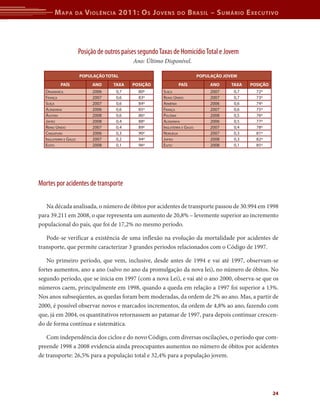 M apa       da    V iolência 2011: o s J oVens            do      b rasil – s uMário e xecutiVo




                       Posição de outros países segundo Taxas de Homicídio Total e Jovem
                                             Ano: Último Disponível.

                       populaÇÃo total                                        populaÇÃo JoVeM
           paÍs             ano      taxa   posiÇÃo               paÍs             ano    taxa   posiÇÃo
  dinAmArCA                 2006      0,7      80º       suíçA                     2007    0,7     72º
  frAnçA                    2007      0,6      83º       reino unido               2007    0,7     73º
  suíçA                     2007      0,6      84º       ArmêniA                   2006    0,6     74º
  AlemAnhA                  2006      0,6      85º       frAnçA                    2007    0,6     75º
  áustriA                   2008      0,6      86º       PolôniA                   2008    0,5     76º
  jAPão                     2008      0,4      88º       AlemAnhA                  2006    0,5     77º
  reino unido               2007      0,4      89º       inGlAterrA e GAles        2007    0,4     78º
  CinGAPurA                 2006      0,3      90º       norueGA                   2007    0,3     81º
  inGlAterrA e GAles        2007      0,2      94º       jAPão                     2008    0,3     82º
  eGito                     2008      0,1      96º       eGito                     2008    0,1     85º




Mortes por acidentes de transporte

   Na década analisada, o número de óbitos por acidentes de transporte passou de 30.994 em 1998
para 39.211 em 2008, o que representa um aumento de 20,8% – levemente superior ao incremento
populacional do país, que foi de 17,2% no mesmo período.

   Pode-se verificar a existência de uma inflexão na evolução da mortalidade por acidentes de
transporte, que permite caracterizar 3 grandes períodos relacionados com o Código de 1997.

   No primeiro período, que vem, inclusive, desde antes de 1994 e vai até 1997, observam-se
fortes aumentos, ano a ano (salvo no ano da promulgação da nova lei), no número de óbitos. No
segundo período, que se inicia em 1997 (com a nova Lei), e vai até o ano 2000, observa-se que os
números caem, principalmente em 1998, quando a queda em relação a 1997 foi superior a 13%.
Nos anos subseqüentes, as quedas foram bem moderadas, da ordem de 2% ao ano. Mas, a partir de
2000, é possível observar novos e marcados incrementos, da ordem de 4,8% ao ano, fazendo com
que, já em 2004, os quantitativos retornassem ao patamar de 1997, para depois continuar crescen-
do de forma contínua e sistemática.

   Com independência dos ciclos e do novo Código, com diversas oscilações, o período que com-
preende 1998 a 2008 evidencia ainda preocupantes aumentos no número de óbitos por acidentes
de transporte: 26,5% para a população total e 32,4% para a população jovem.




                                                                                                           24
 