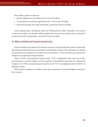 M apa   da   V iolência 2011: o s J oVens       do   b rasil



   Nessa tabela, podem-se observar:
   • Quedas significativas nos índices de 0 a 14 anos de idade.
   • Concomitante crescimento significativo dos 17 aos 22 anos de idade.
   • Novamente quedas, bem mais moderadas, a partir dos 30 anos de idade.


   Vemos também que a distribuição, tanto em 1998 quanto em 2008, é bimodal, com um pico
nos 20 anos de idade, com elevados índices também dos 19 aos 23 anos. O outro pico é encontrado
na faixa mais velha da população, a partir dos 70 anos de idade.

4.6. Óbitos em Acidentes de Transporte Segundo o Sexo

   Tanto nos óbitos por acidentes de transporte como no caso dos homicídios, pode ser observada
uma forte prevalência de mortes masculinas. Provavelmente, devido à maior presença no trânsito
de motoristas e/ou ocupantes de veículos do sexo masculino – 81,6% dos óbitos por acidentes de
transporte na população total são homens.
   Entre os jovens, essa proporção é pouco maior – 83%. Comparando essas taxas com os Ma-
pas anteriores, é possível verificar um leve aumento da mortalidade masculina nos acidentes de
transporte. Em 1998, essa participação masculina foi de 79,5% na população total e de 80,4% na
população jovem.
   Observando as regiões e os estados, vemos que o panorama é muito homogêneo, sem gran-
des variações.




                                                                                           103
 