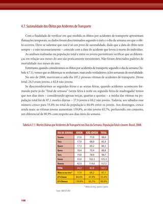 4.7. Sazonalidade dos Óbitos por Acidentes de Transporte

    Com a finalidade de verificar em que medida os óbitos por acidentes de transporte apresentam
flutuações temporais, os dados foram discriminados segundo o mês e o dia da semana em que o óbi-
to ocorreu. Deve-se salientar que esse é só um proxi de sazonalidade, dado que a data de óbito nem
sempre – e não necessariamente – coincide com a data do acidente que levou à morte do indivíduo.
    As análises realizadas na população total e entre os jovens permitiram verificar que as diferen-
ças em relação aos meses do ano são praticamente inexistentes. Não foram detectados padrões de
mortalidade nos meses do ano.
    Entretanto, quando consideramos os óbitos por acidentes de transporte segundo o dia da semana (Ta-
bela 4.7.1), vemos que as diferenças se avolumam, marcando verdadeiros ciclos semanais de mortalidade.
    No ano de 2008, morreram a cada dia 107,1 pessoas vítimas de acidentes de transporte. Desse
total, 24,3 eram jovens, e 82,8 não jovens.
    Se desconsiderarmos as segundas-feiras e as sextas-feiras, quando acidentes acontecem for-
mando parte já do “final de semana” (sexta-feira à noite ou segunda-feira de madrugada) temos
que nos dias úteis – considerando apenas terças, quartas e quintas – a média das vítimas na po-
pulação total foi de 87,1 mortes diárias – 17,9 jovens e 69,2 não jovens. Todavia, aos sábados esse
número cresce para 55,4% no total da população e 84,4% entre os jovens. Aos domingos, cresce
ainda mais: as vítimas jovens aumentam 139,8%, as não jovens 65,7%, perfazendo, em conjunto,
um diferencial de 80,9% com respeito aos dias úteis da semana.


 Tabela 4.7.1. Mortes Diárias por Acidentes de Transporte nos Dias da Semana. População Total e Jovem. Brasil, 2008.

                                  DIA DA SEMANA          JOVEM      NÃO JOVEM TOTAL
                                  SEGUNDA                 21,0           77,0             98,0
                                  TERÇA                   17,9           68,0             85,9
                                  QUARTA                  17,3           69,2             86,5
                                  QUINTA                  18,4           70,4             88,8
                                  SEXTA                   19,8           78,9             98,7
                                  SÁBADO                  33,0          102,3            135,3
                                  DOMINGO                 42,9          114,6            157,5
                                  tOtAL                   24,3           82,8            107,1
                                  MéDIA DE DIAS ÚTEIS*    17,9           69,2             87,1
                                  Δ % SÁBADO             84,4%          47,9%           55,4%
                                  Δ % DOMINGO            139,8%         65,7%           80,9%

                                                                  * Média da terça, quarta e quinta.
                                 Fonte: SIM/SVS/MS


108
 
