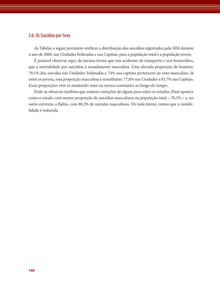 5.6. Os Suicídios por Sexo 
As Tabelas a seguir permitem verificar a distribuição dos suicídios registrados pelo SIM durante 
o ano de 2008, nas Unidades Federadas e nas Capitais, para a população total e a população jovem. 
É possível observar aqui, da mesma forma que nos acidentes de transporte e nos homicídios, 
que a mortalidade por suicídios é notadamente masculina. Uma elevada proporção de homens: 
79,1% dos suicidas nas Unidades Federadas e 74% nas capitais pertencem ao sexo masculino. Já 
entre os jovens, essa proporção masculina é semelhante: 77,8% nas Unidades e 83,7% nas Capitais. 
Essas proporções vêm se mantendo mais ou menos constantes ao longo do tempo. 
Pode-se observar também que existem variações de algum peso entre os estados. Piauí aparece 
como o estado com menor proporção de suicídios masculinos na população total – 70,3% – e, no 
outro extremo, a Bahia, com 88,2% de suicidas masculinos. De toda forma, vemos que a variabi-lidade 
140 
é reduzida. 
 